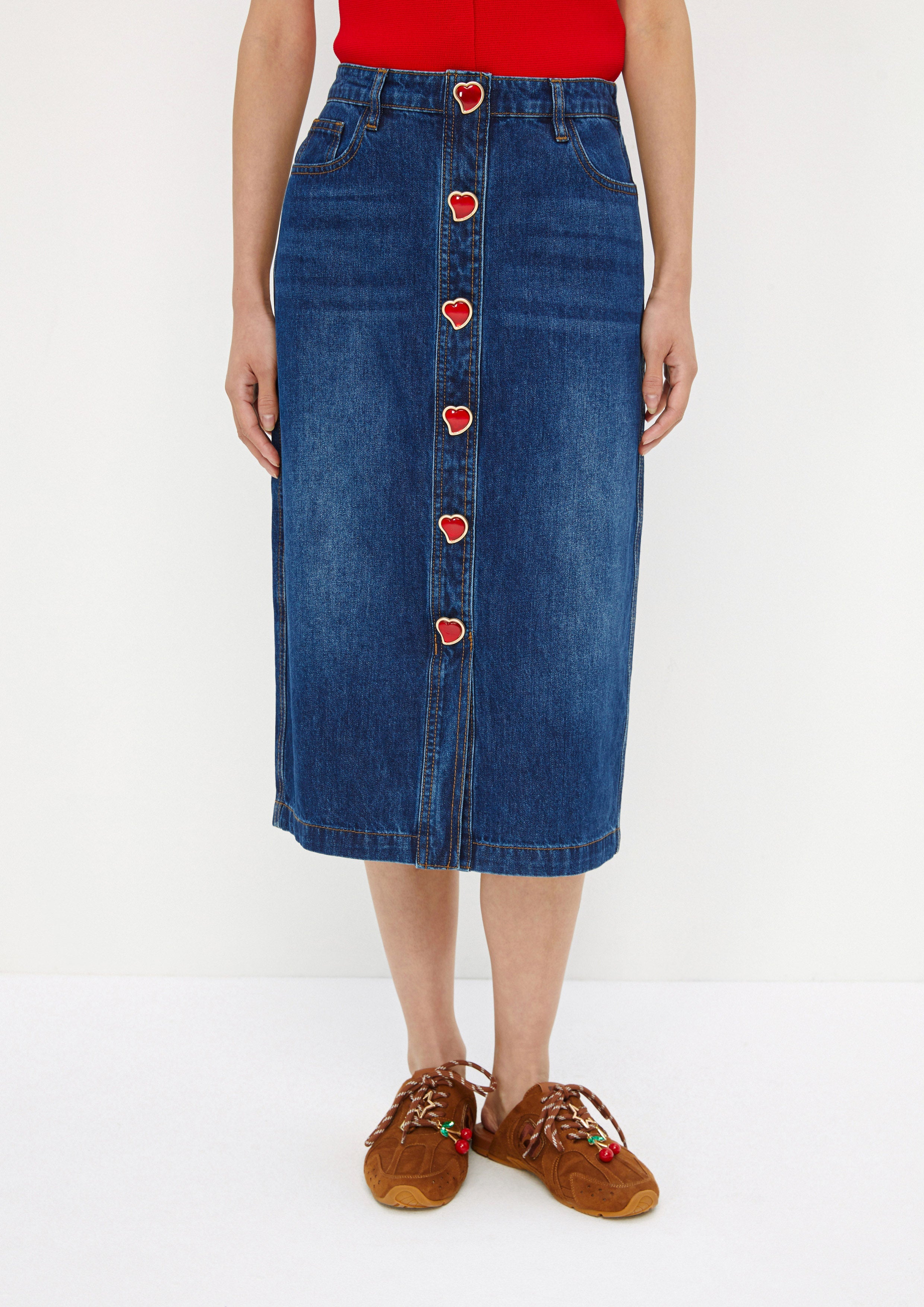 Denim Midi Skirt With Heart Button Mist Through The Pine