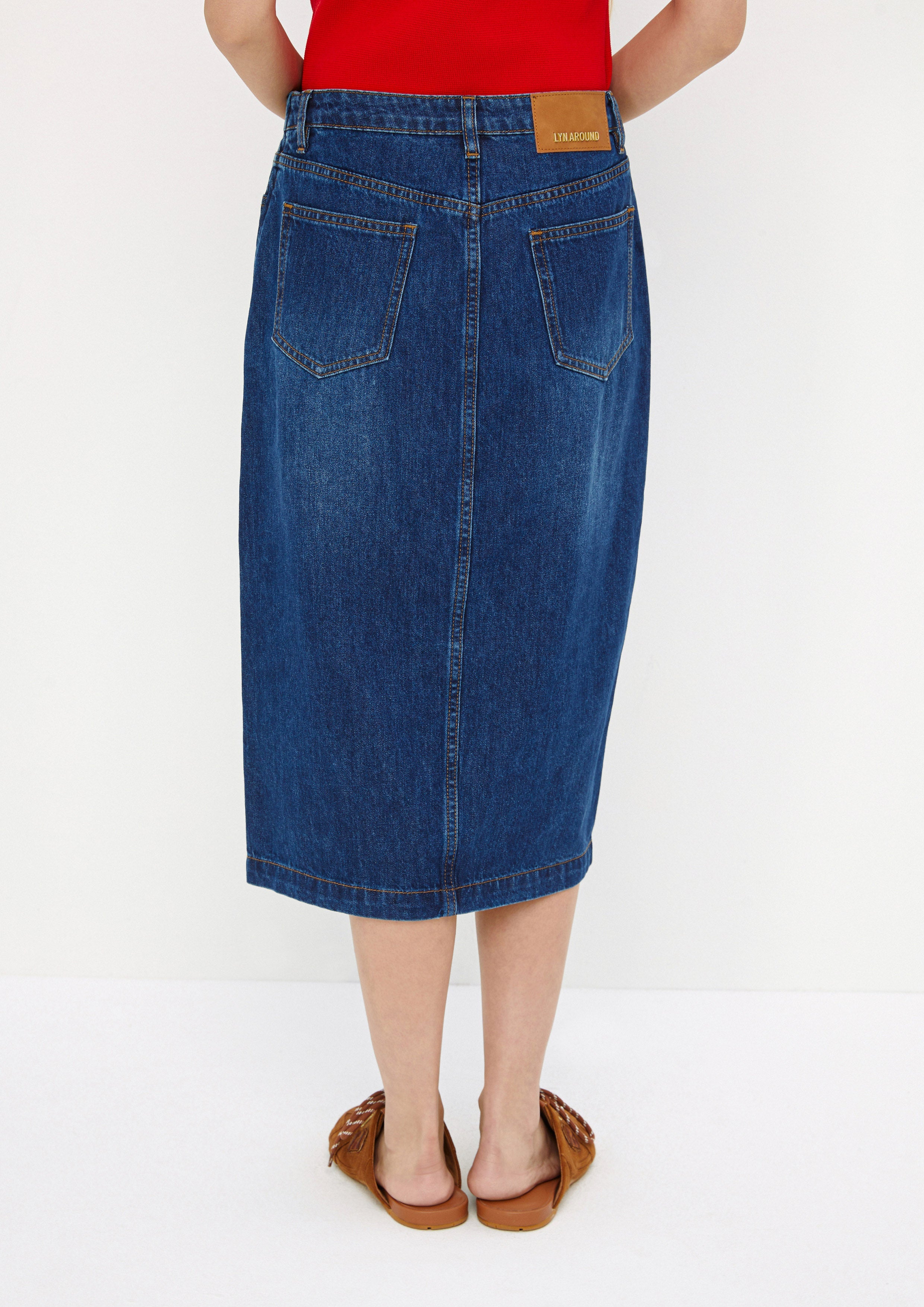 Denim Midi Skirt With Heart Button Mist Through The Pine