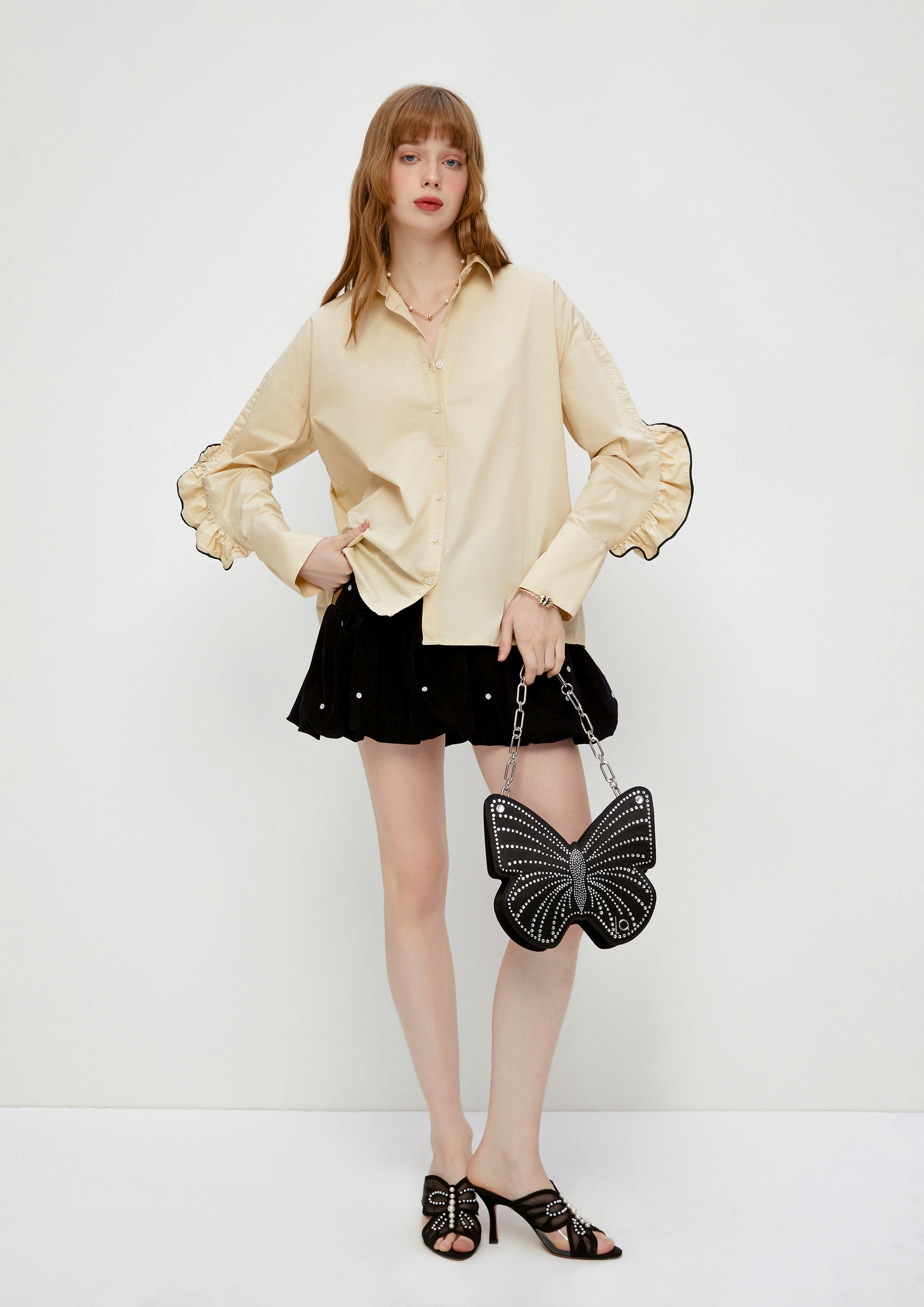 Frill Trim Sleeve Shirt White Horizon