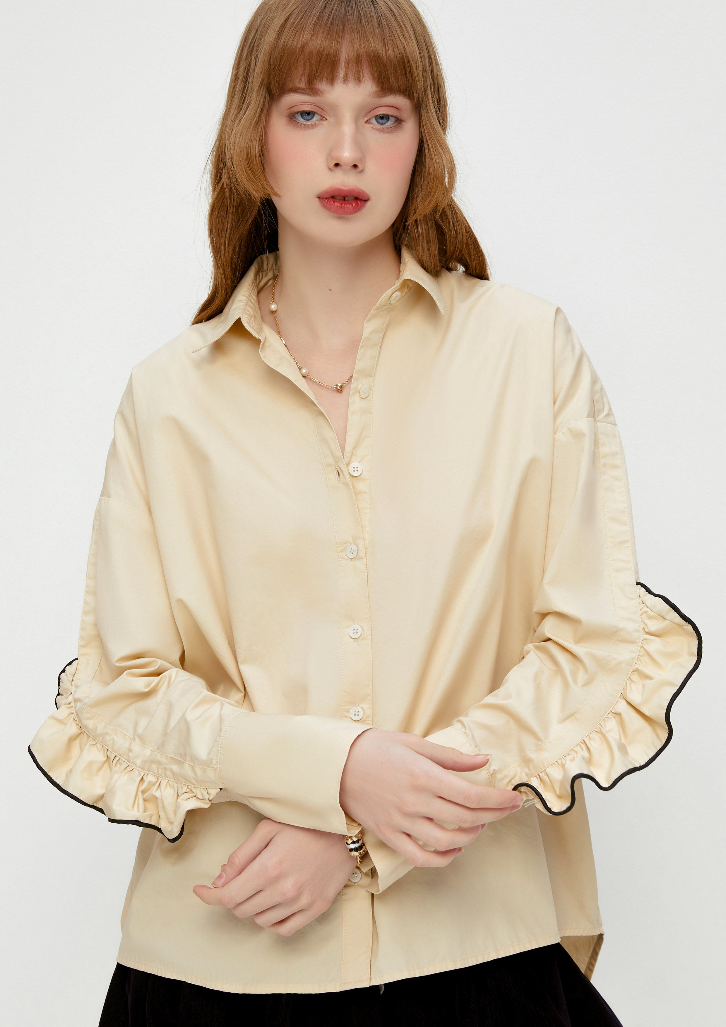 Frill Trim Sleeve Shirt White Horizon