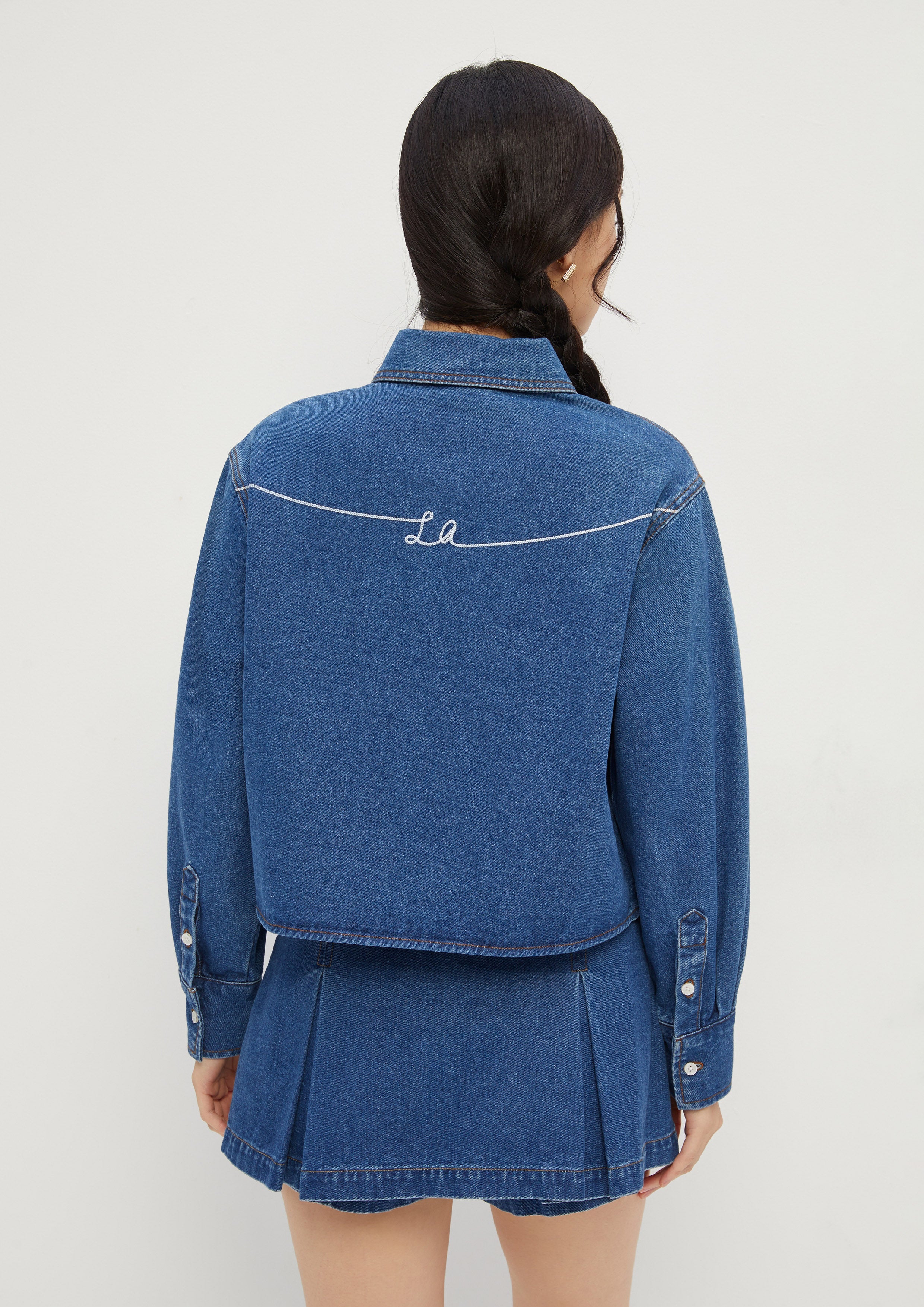Cat Embroidery Crop Denim Shirt The Eyes of Jungle