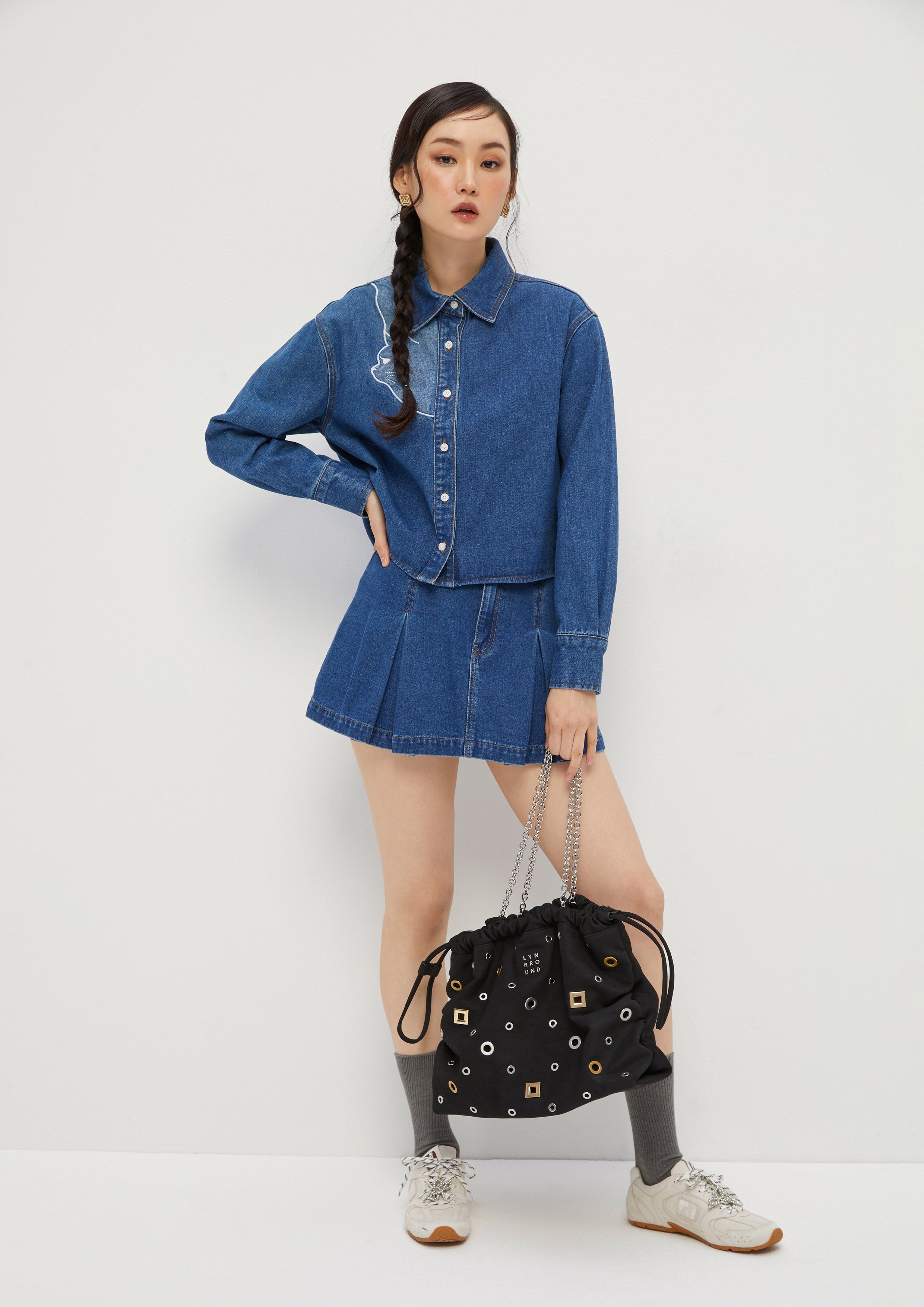 Cat Embroidery Crop Denim Shirt The Eyes of Jungle