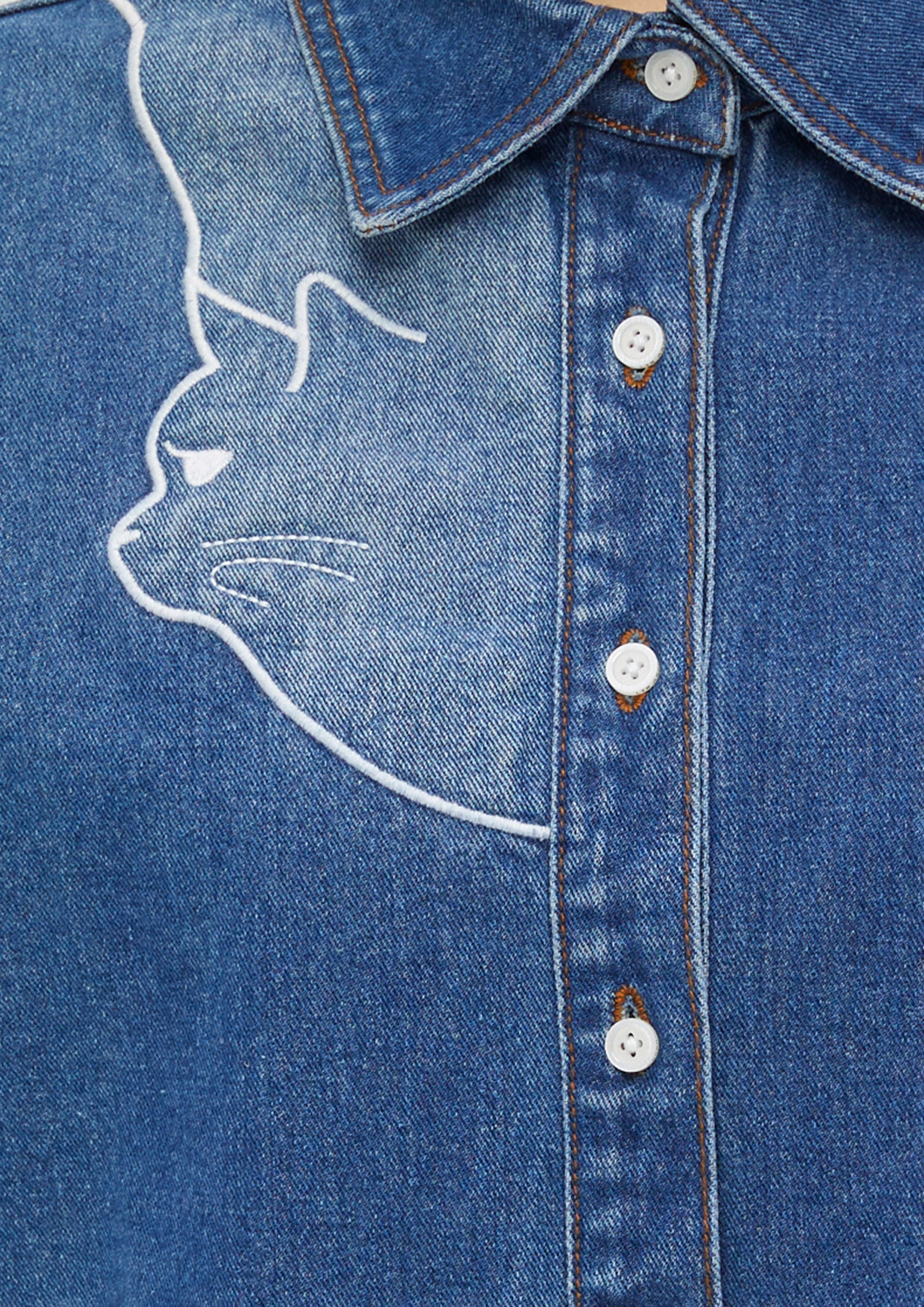 Cat Embroidery Crop Denim Shirt The Eyes of Jungle