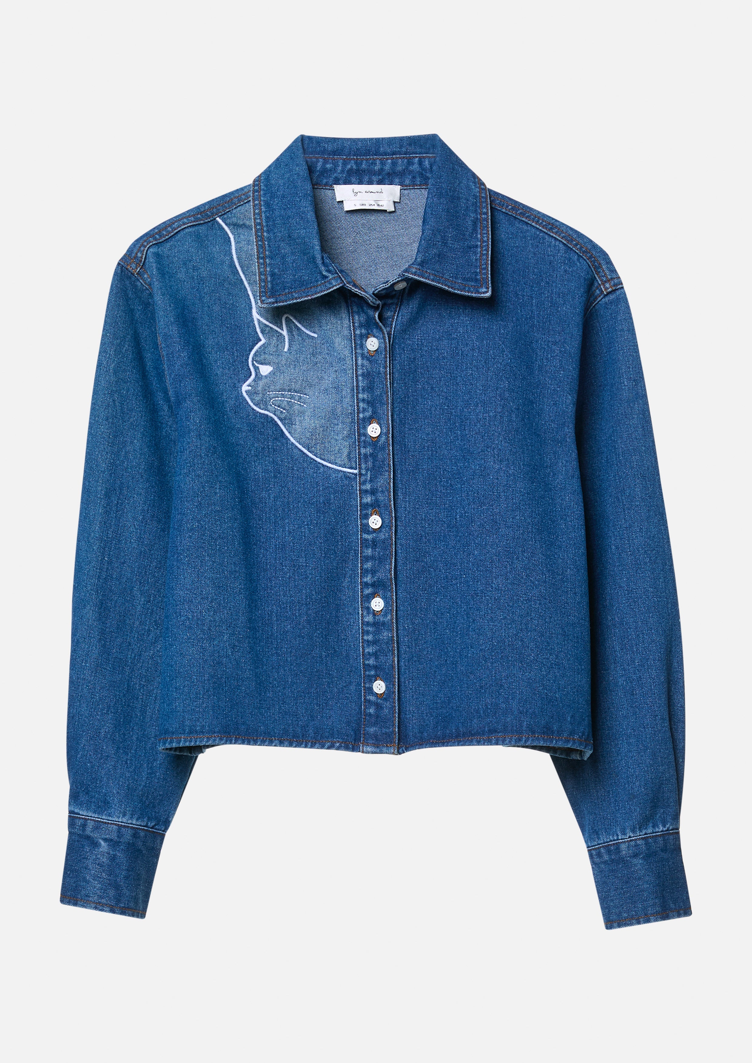 Cat Embroidery Crop Denim Shirt The Eyes of Jungle