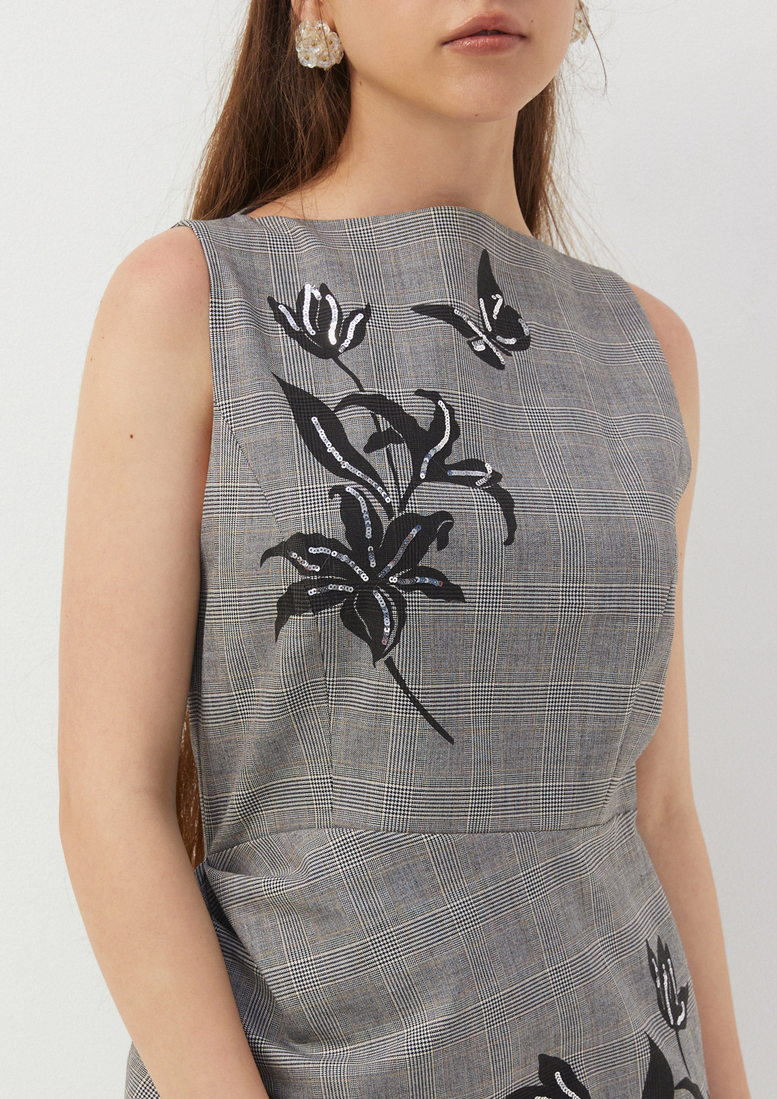 Draped Floral Embroidery Check Dress Butterfly Glimmer