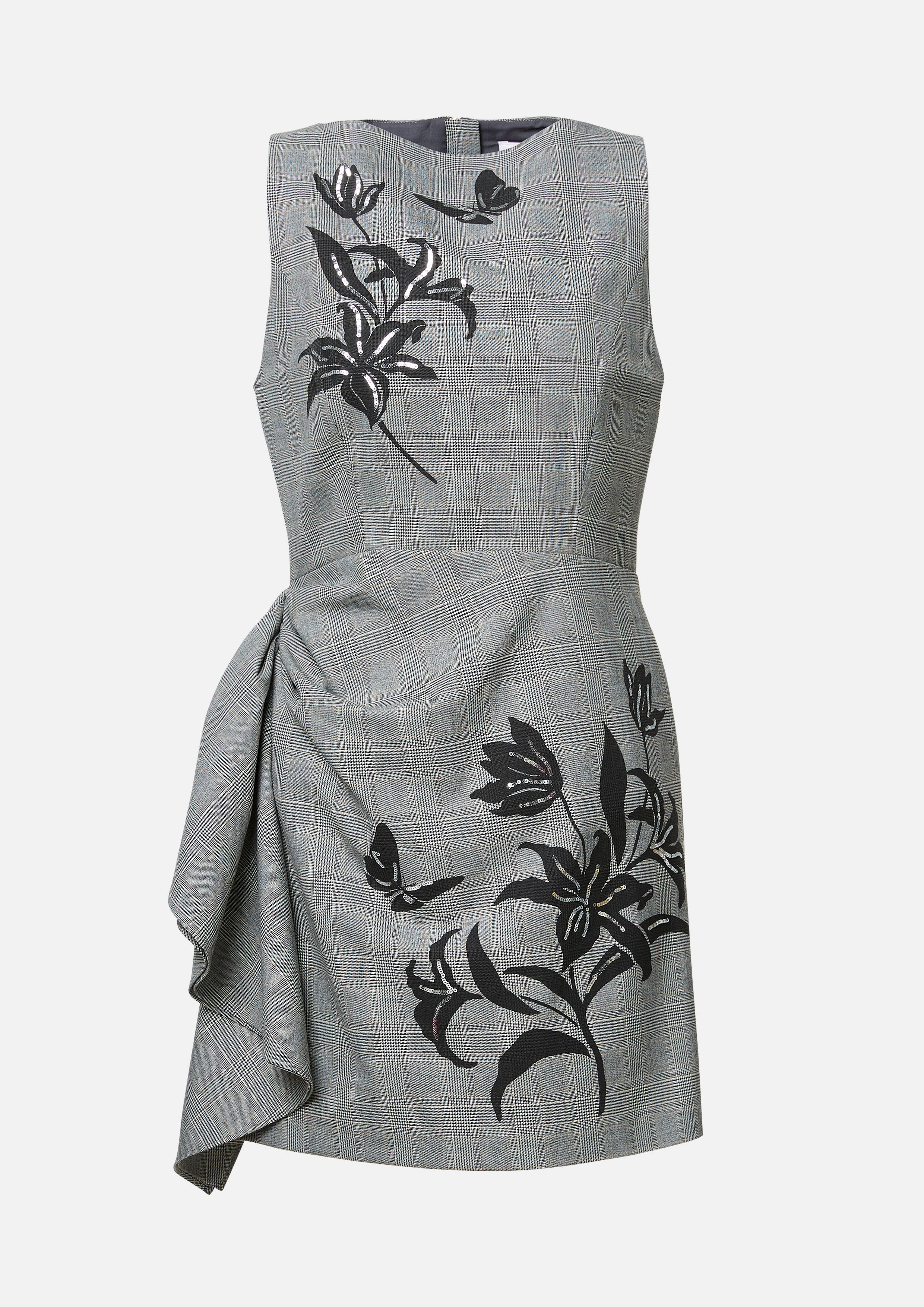 Draped Floral Embroidery Check Dress Butterfly Glimmer