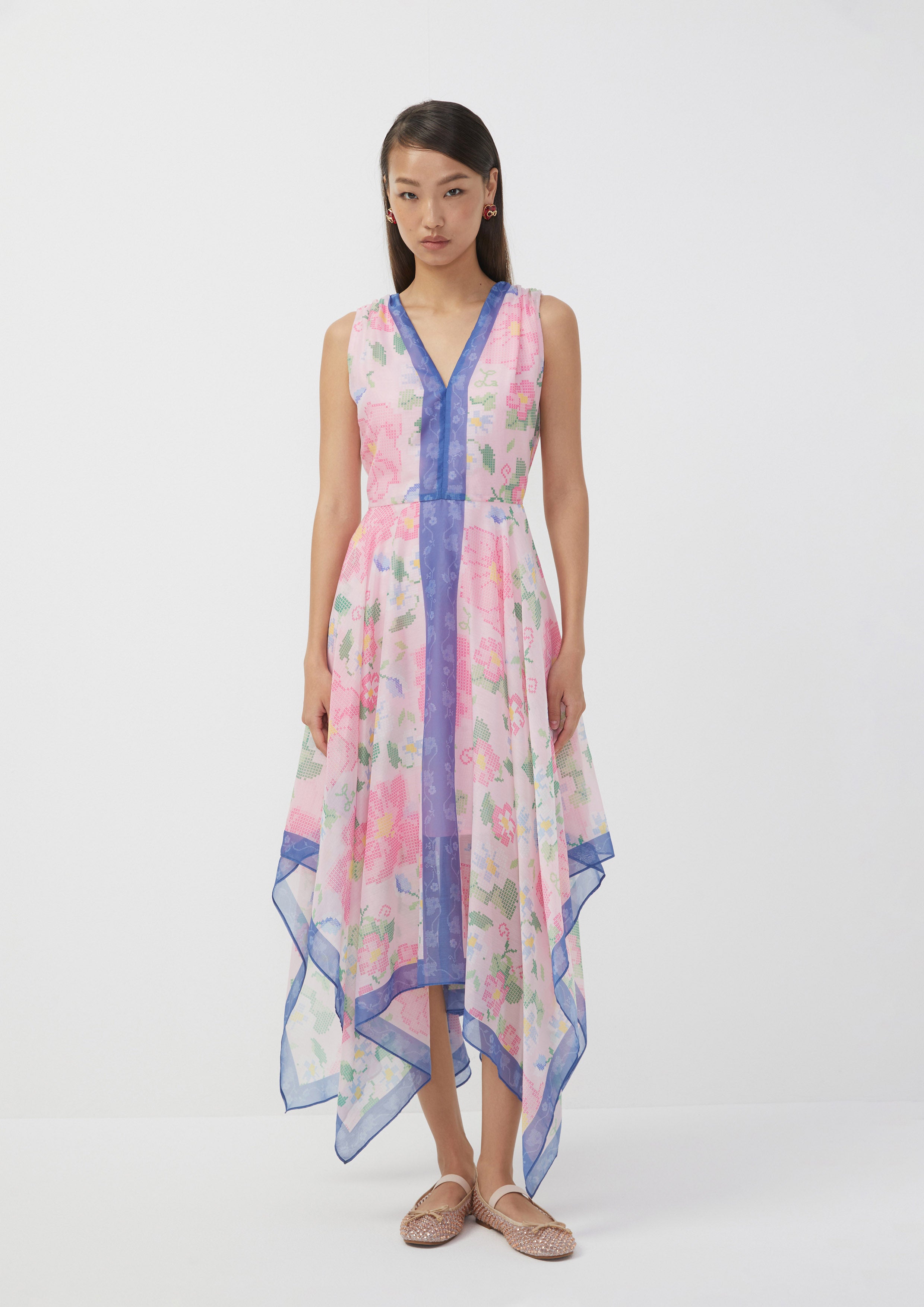 Floral Cross-Stitch Asymmetric Hem Sleeveless Dress Scandi Folk Art