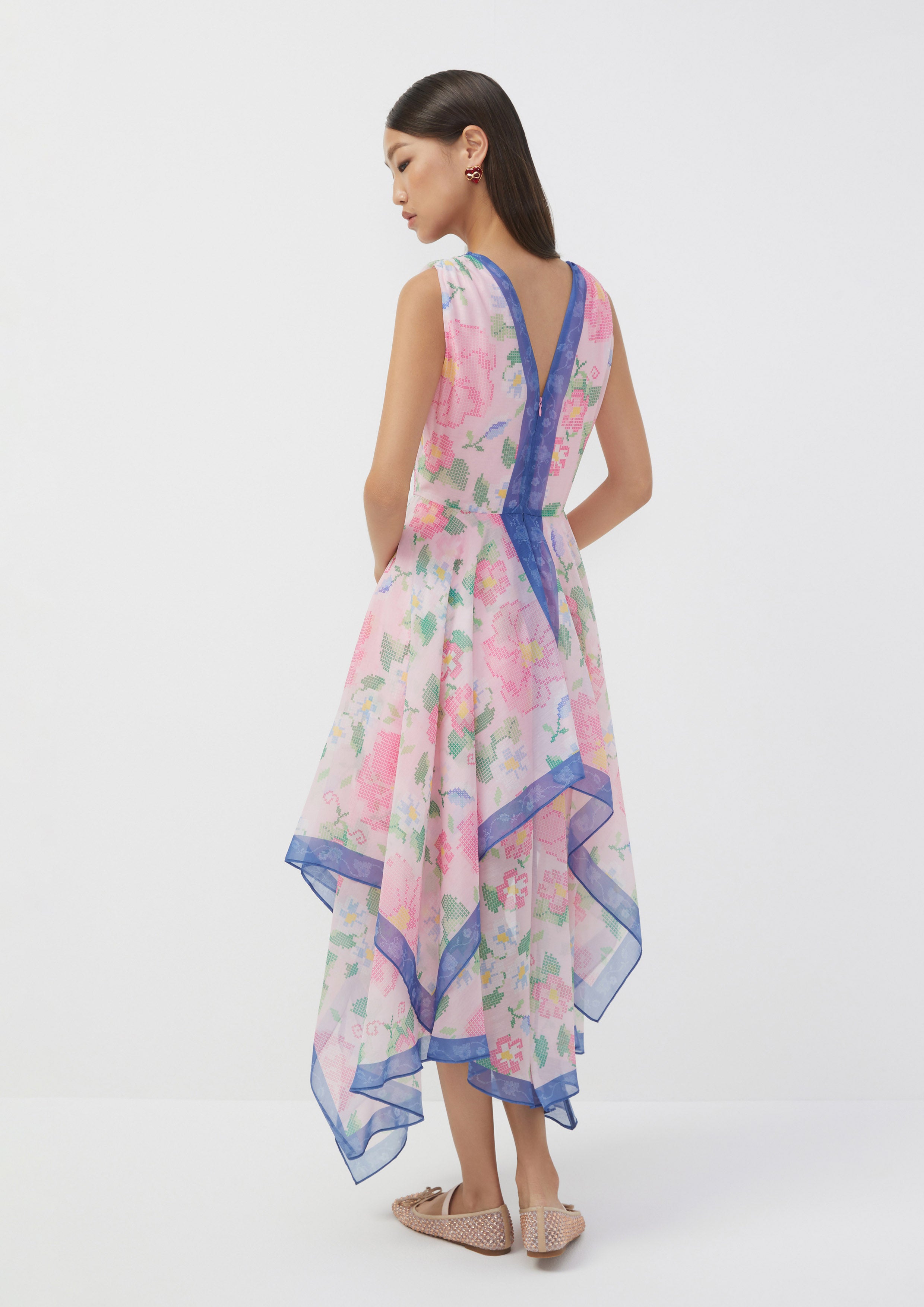 Floral Cross-Stitch Asymmetric Hem Sleeveless Dress Scandi Folk Art