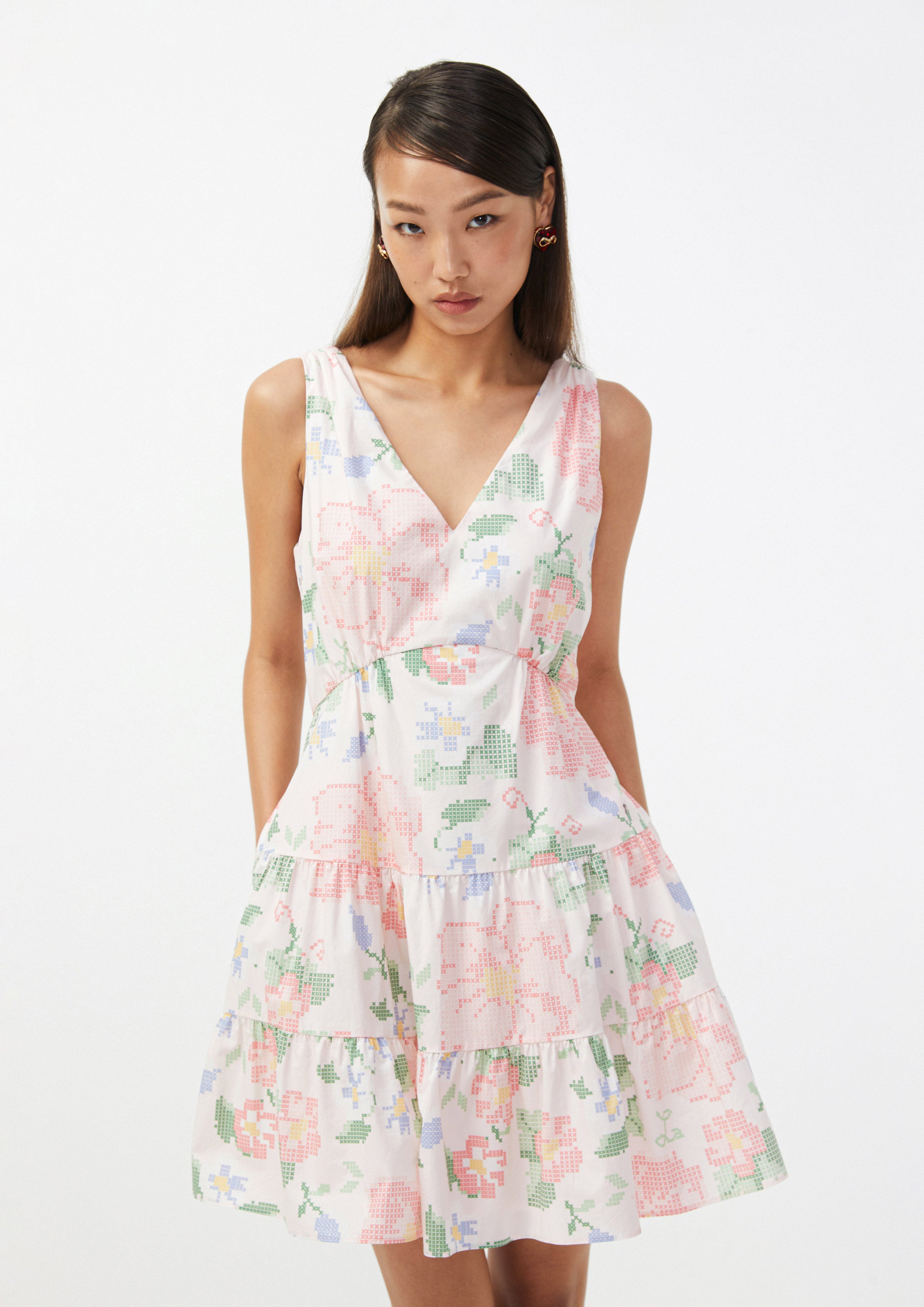 Patchwork Floral Embroidery Sleeveless Mini Dress Scandi Folk Art