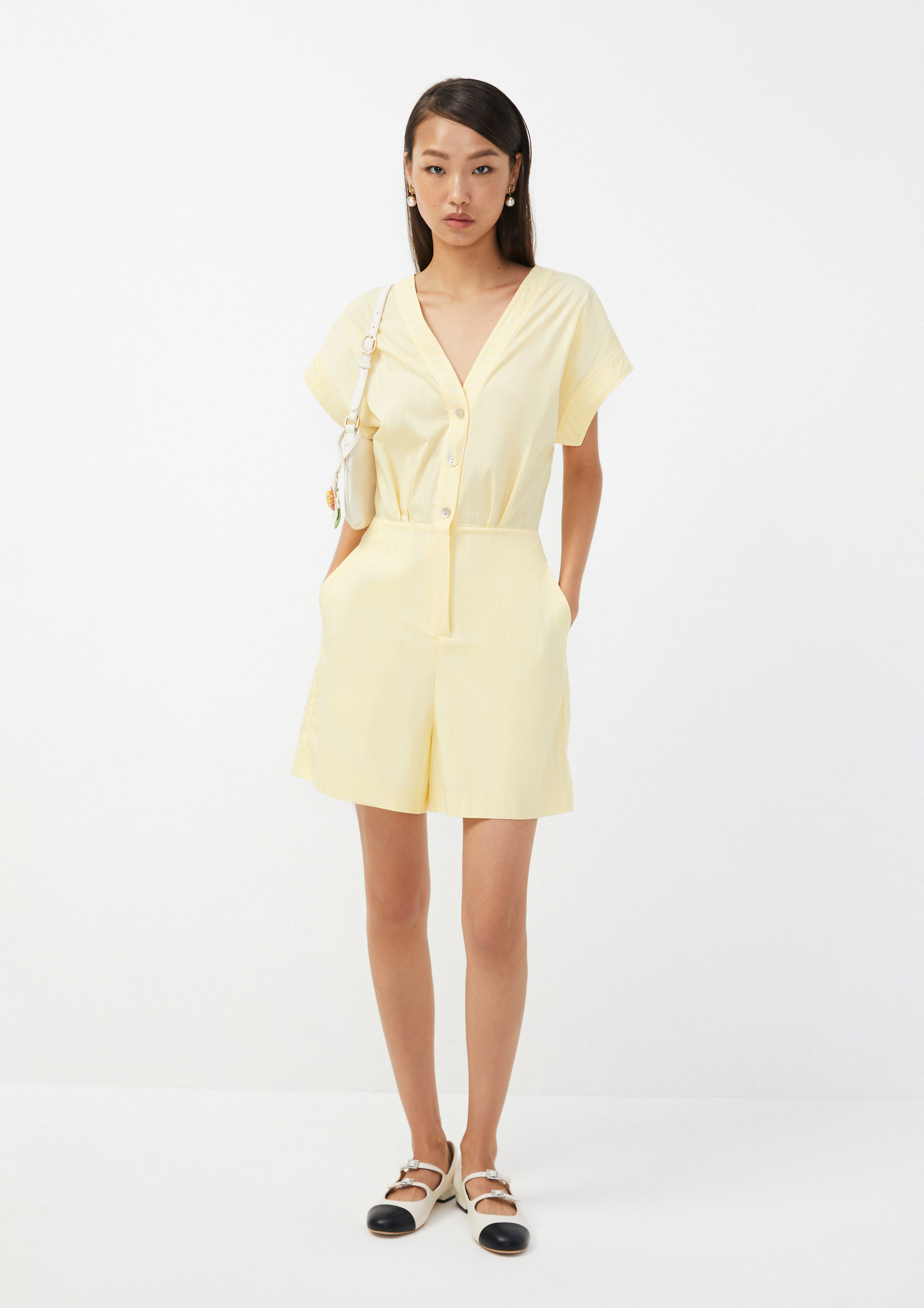 Pinstripe Buttoned V-Neck Romper Urban Retreat