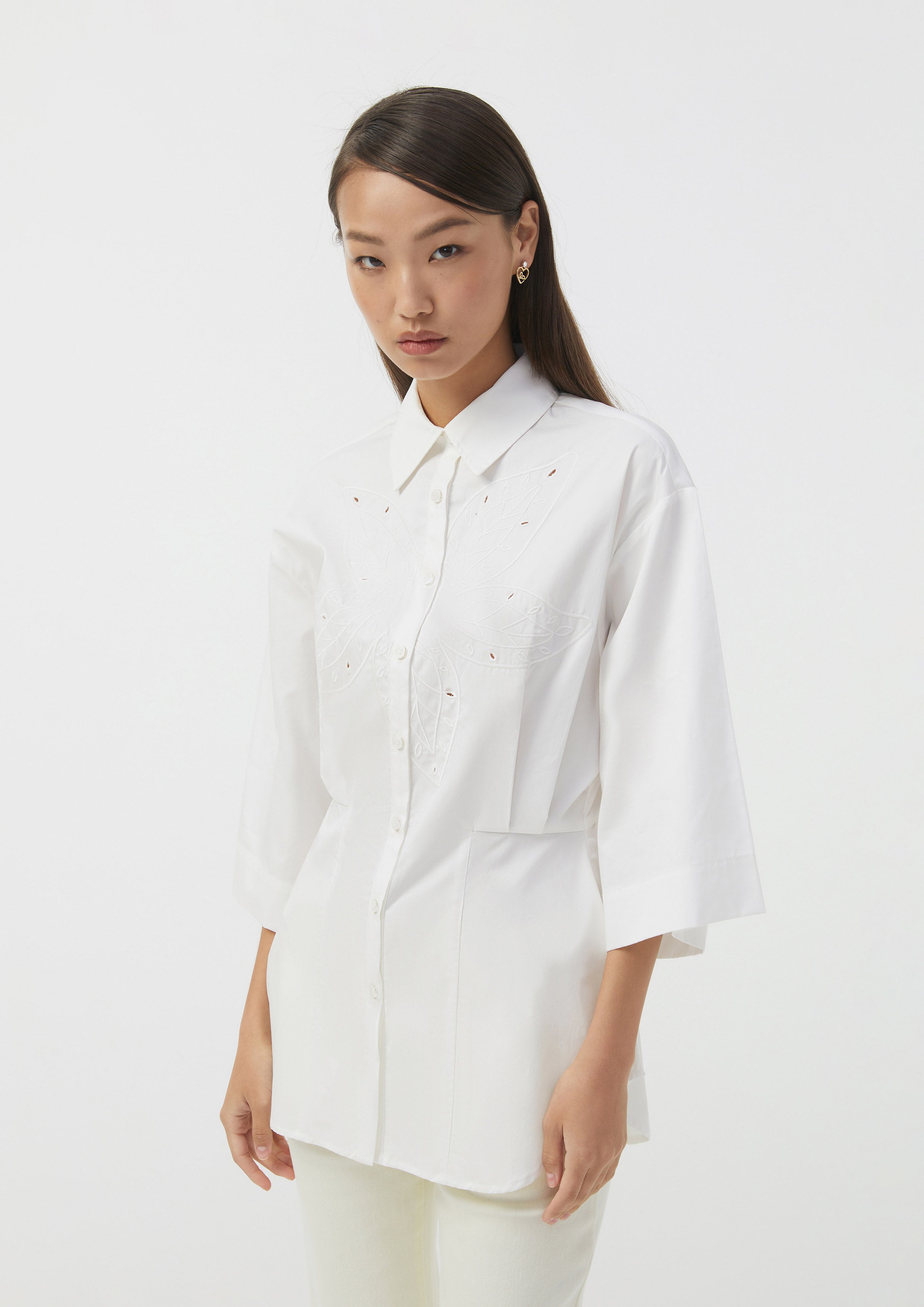 เสื้อเชิ้ต แขนสามส่วน ปักลายใบไม้ Scandi Folk Art