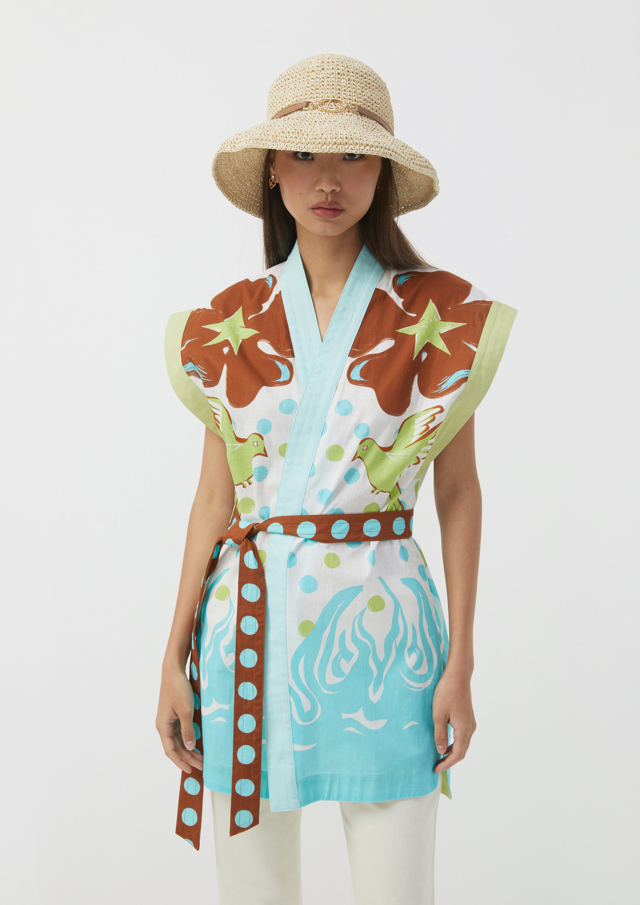 เสื้อคลุม แขนกุด ลายกราฟิก พร้อมเข็มขัด ลายจุด Ember Mirage