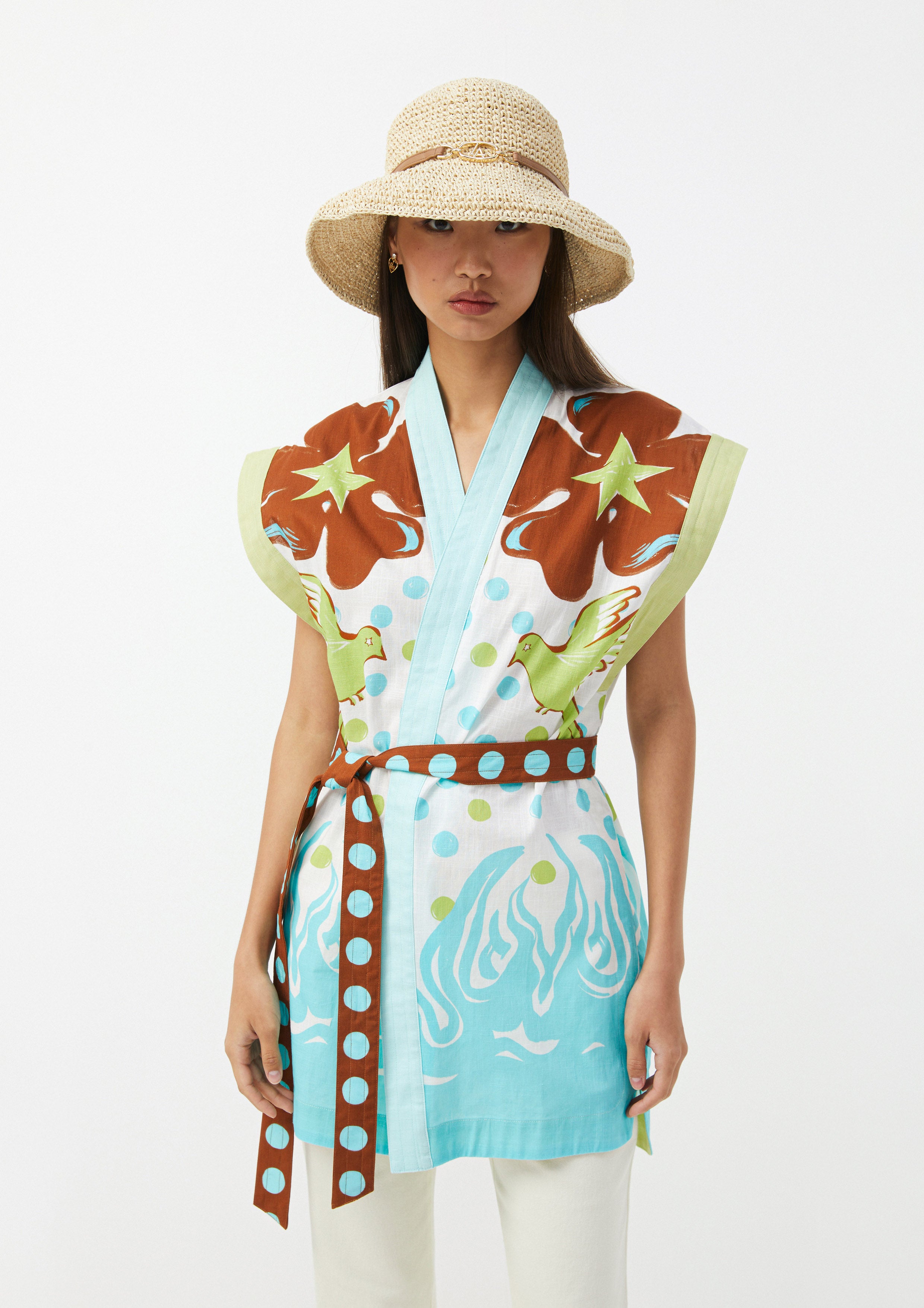 Graphic Print Sleeveless Kimono with Polka Dot Belt Ember Mirage