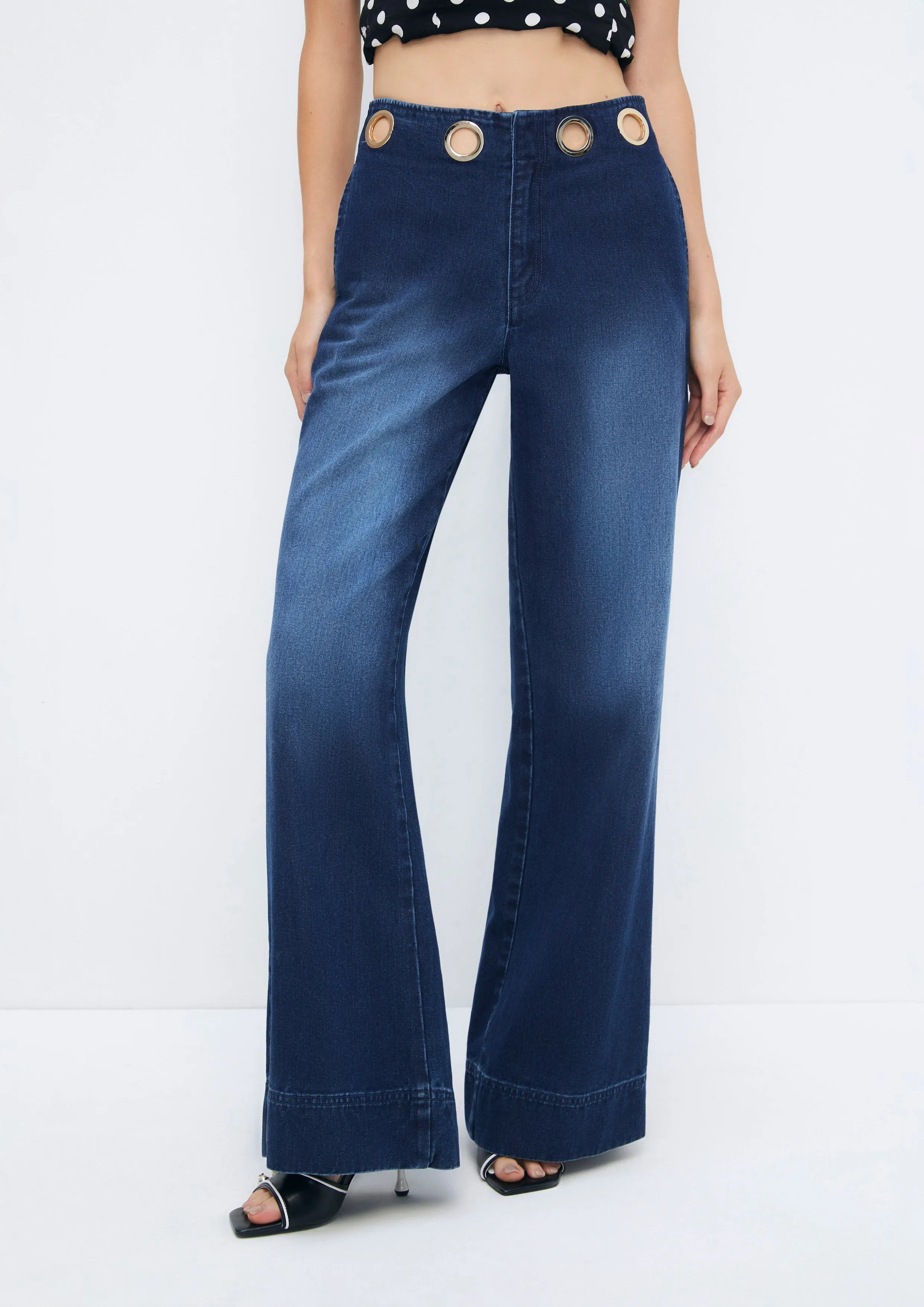 Metallic Cut-Out Eyelet Hoop Wide-Leg Denim Jeans Soleviva Vacation Collection