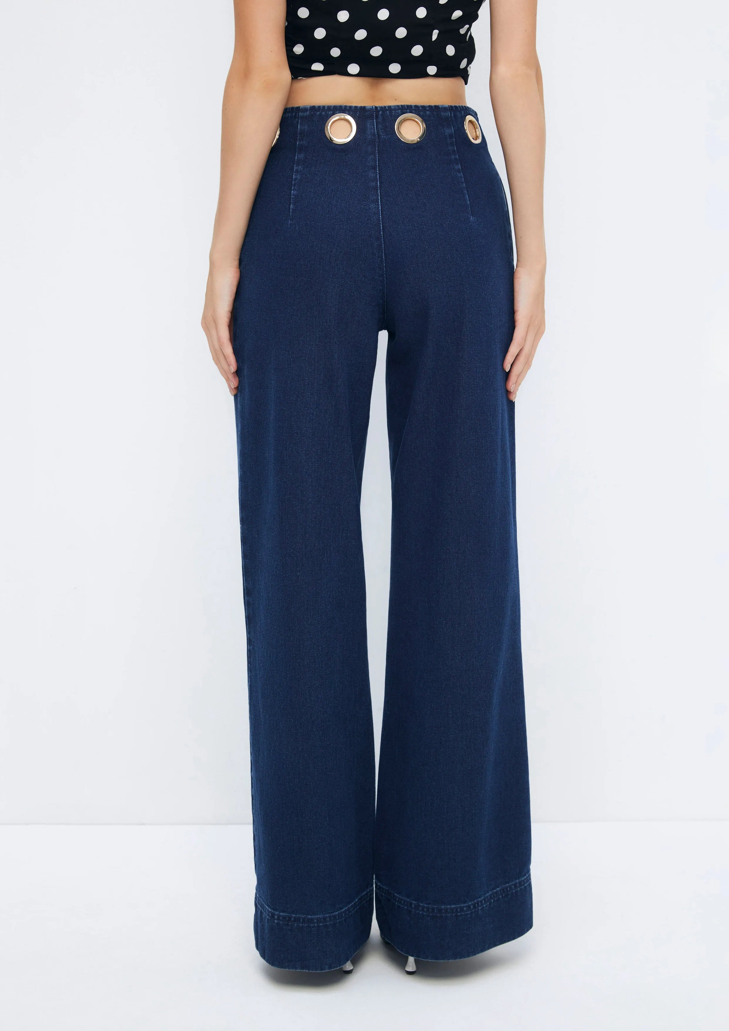 Metallic Cut-Out Eyelet Hoop Wide-Leg Denim Jeans Soleviva Vacation Collection