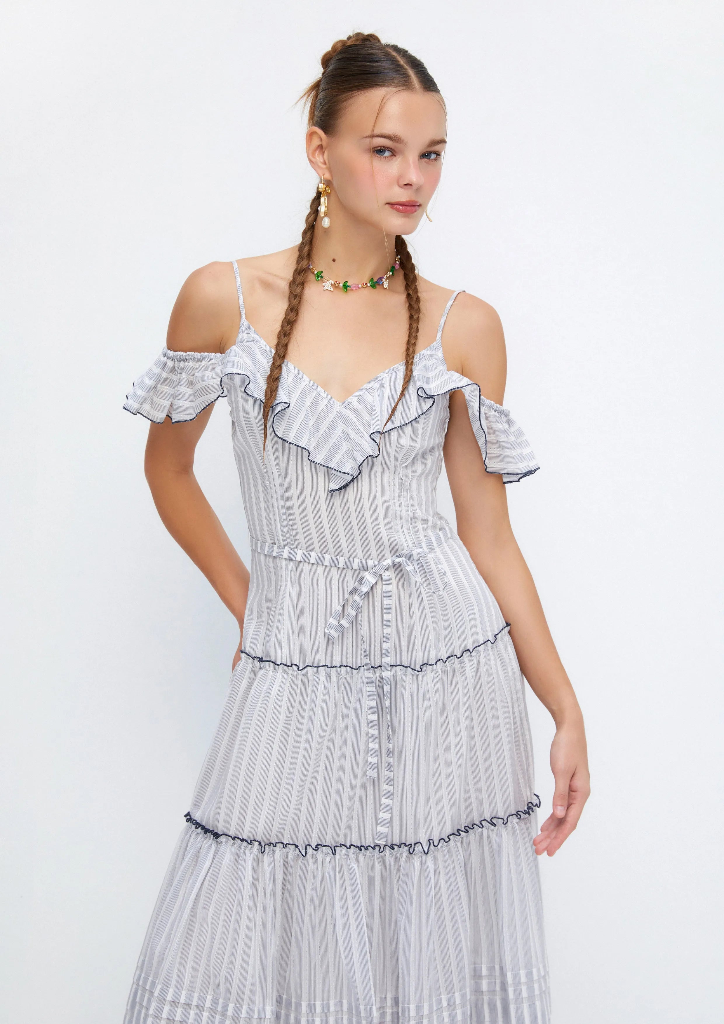 Striped Ruffle Tiered Midi Dress Soleviva Vacation Collection