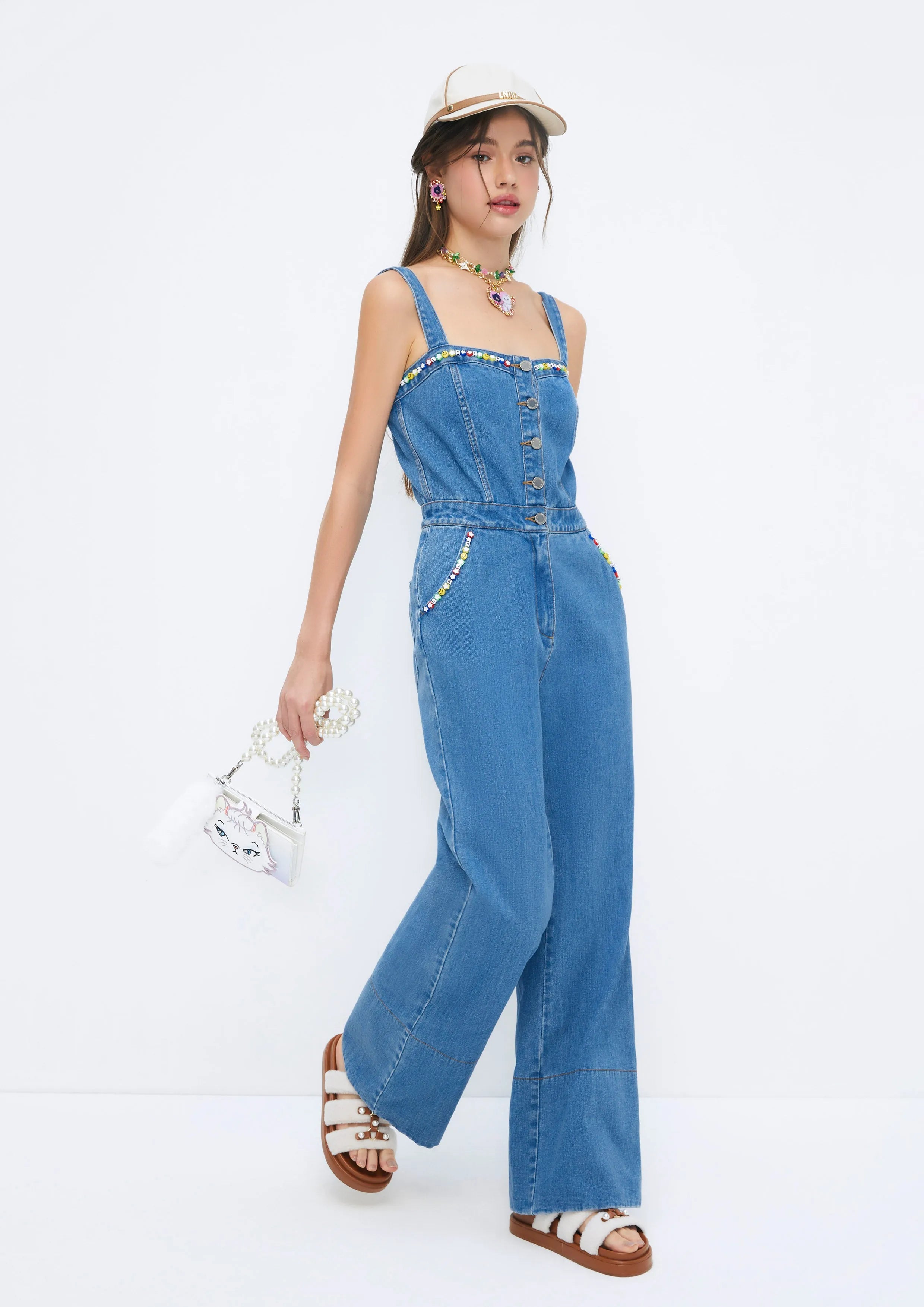 Colourful Beads Denim Jumpsuit Soleviva Vacation Collection