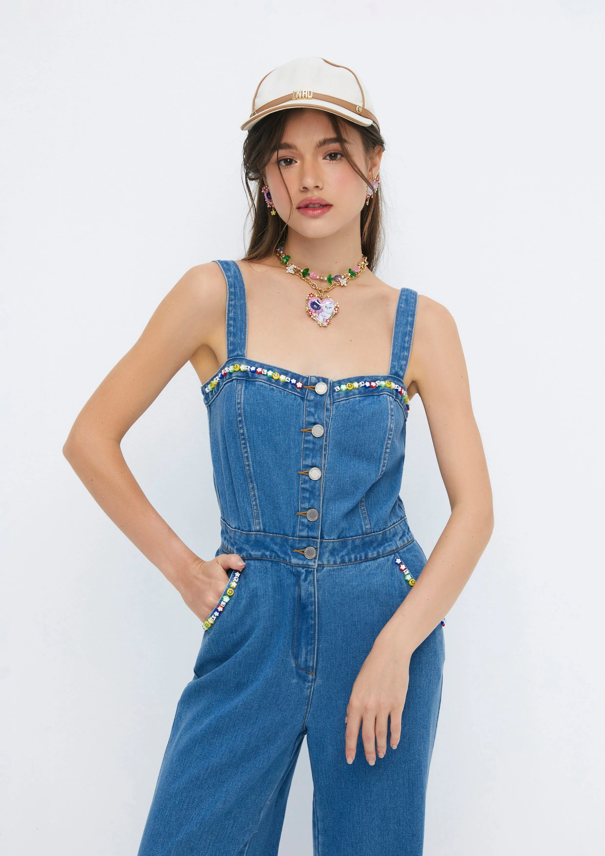 Colourful Beads Denim Jumpsuit Soleviva Vacation Collection