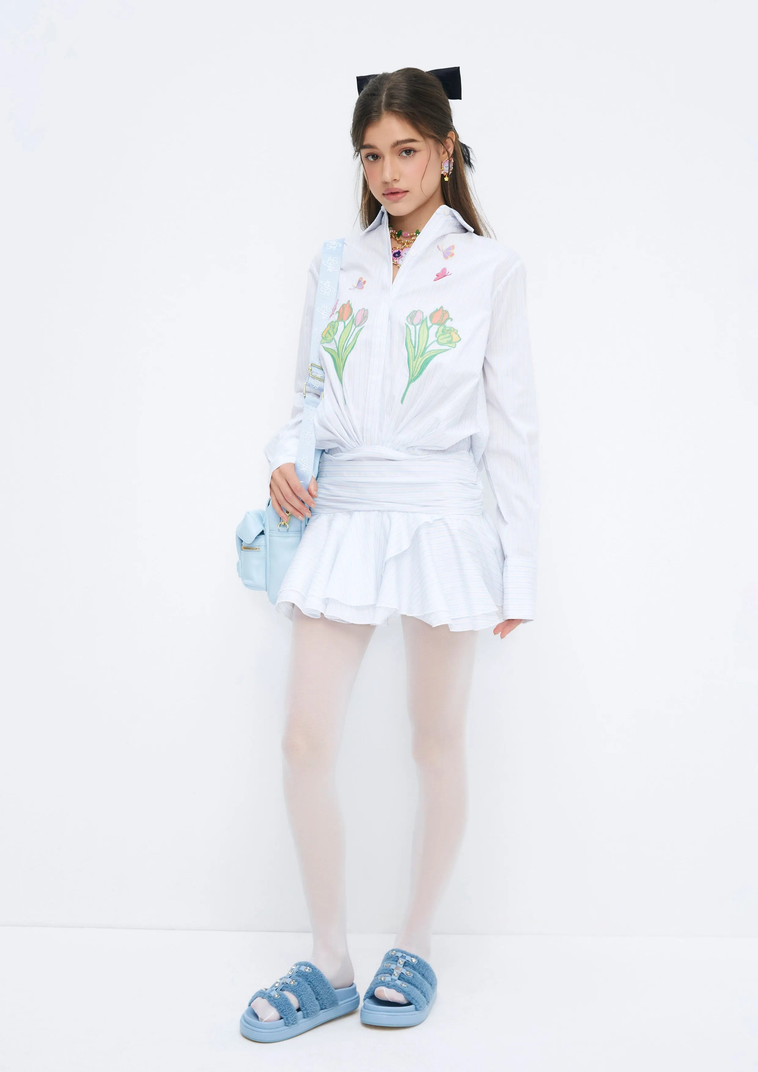 Floral Embroidery Striped Long Sleeve Mini Shirt Dress Quirk Quest Collection