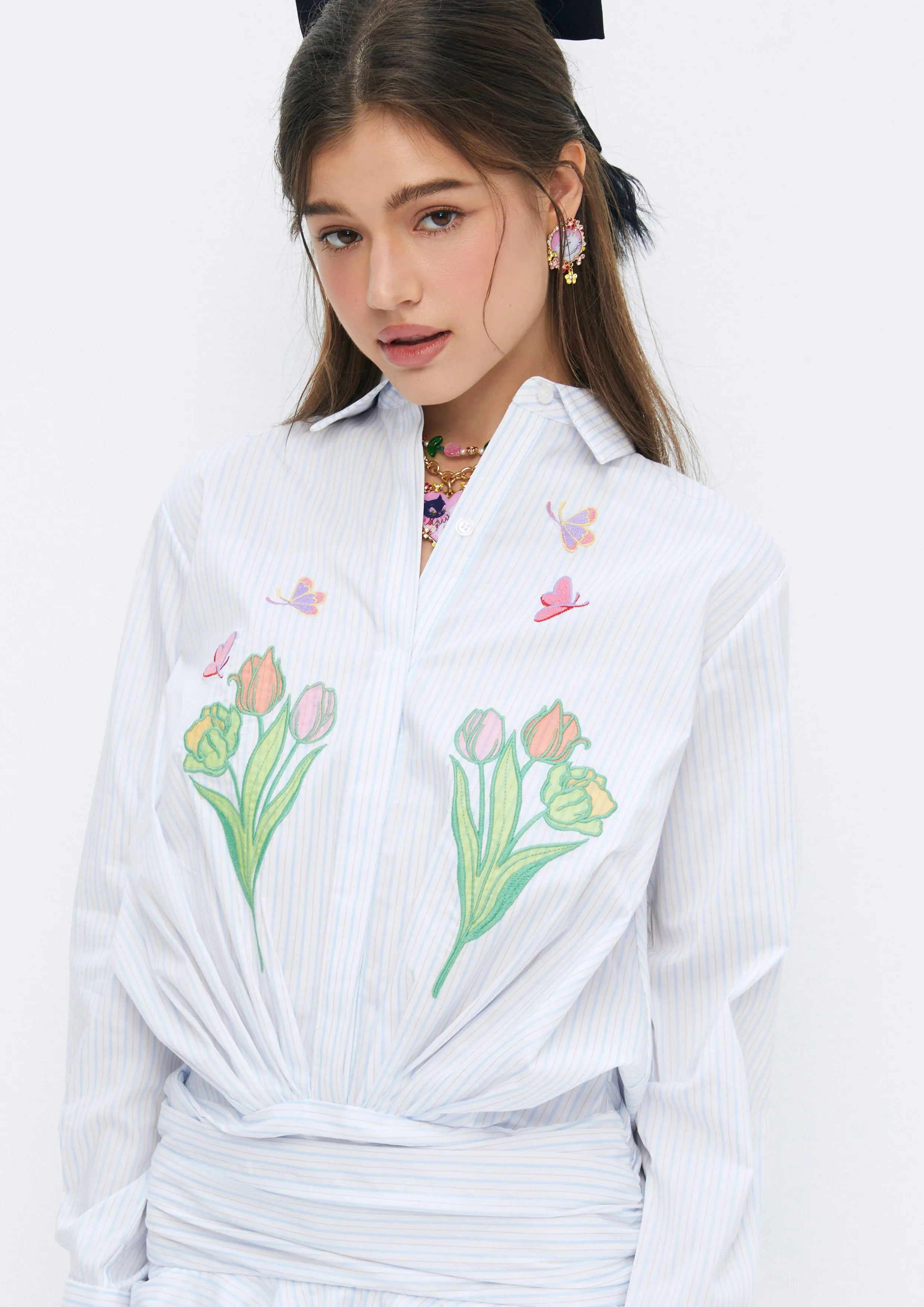Floral Embroidery Striped Long Sleeve Mini Shirt Dress Quirk Quest Collection