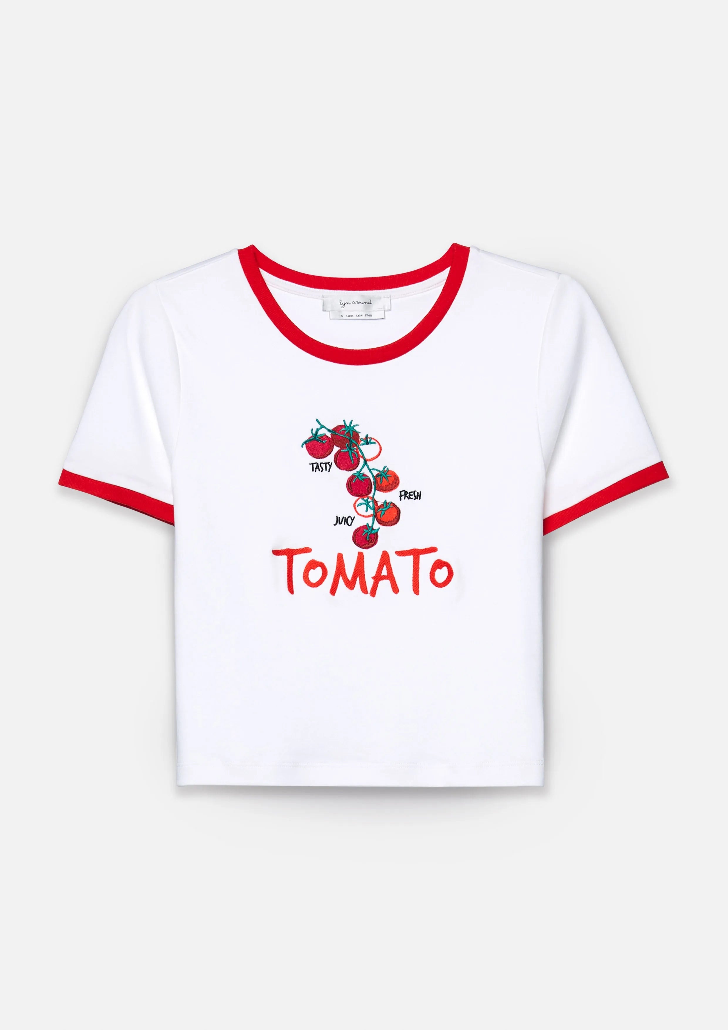 เสื้อยืดทรงริงเกอร์ครอปพิมพ์ลายมะเขือเทศ คอลเลกชัน Soleviva Vacation
