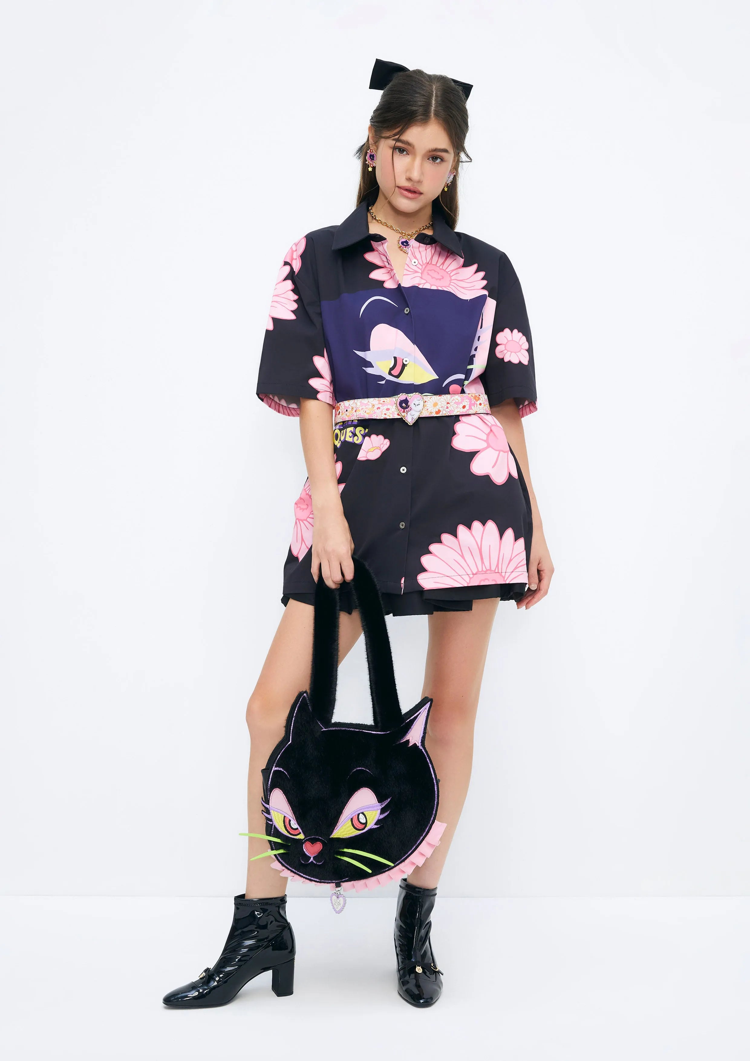 Floral and Feline Printed Short Sleeve Shirt Quirk Quest Collection