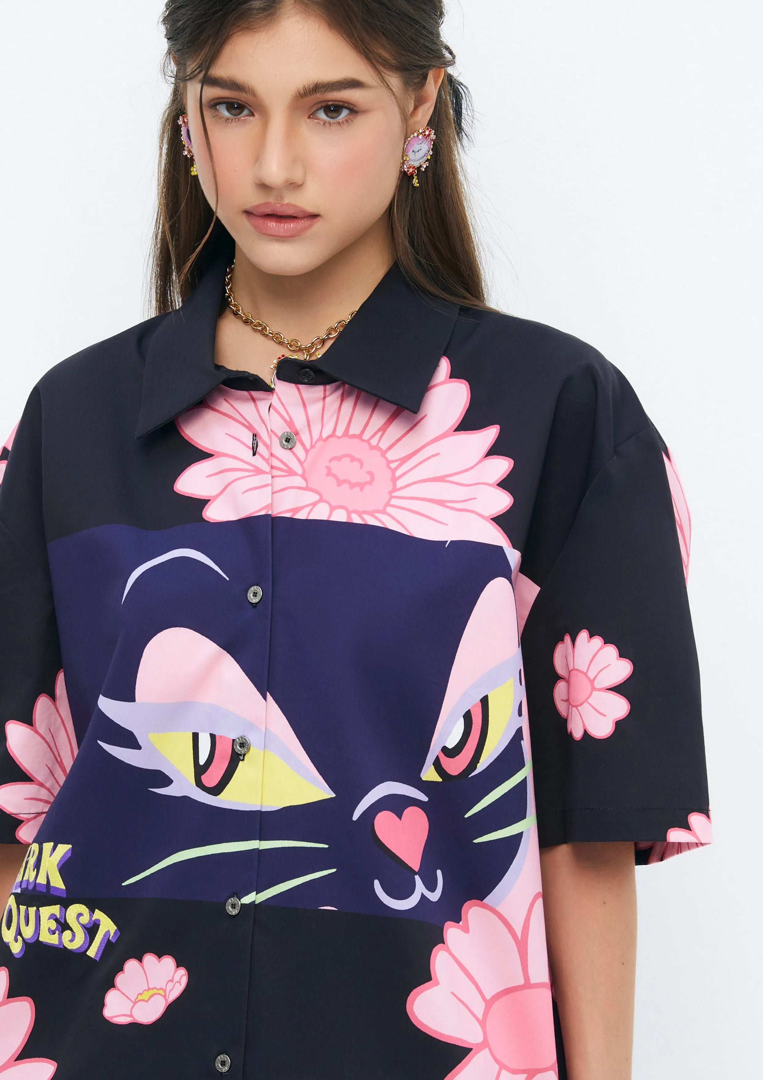 Floral and Feline Printed Short Sleeve Shirt Quirk Quest Collection