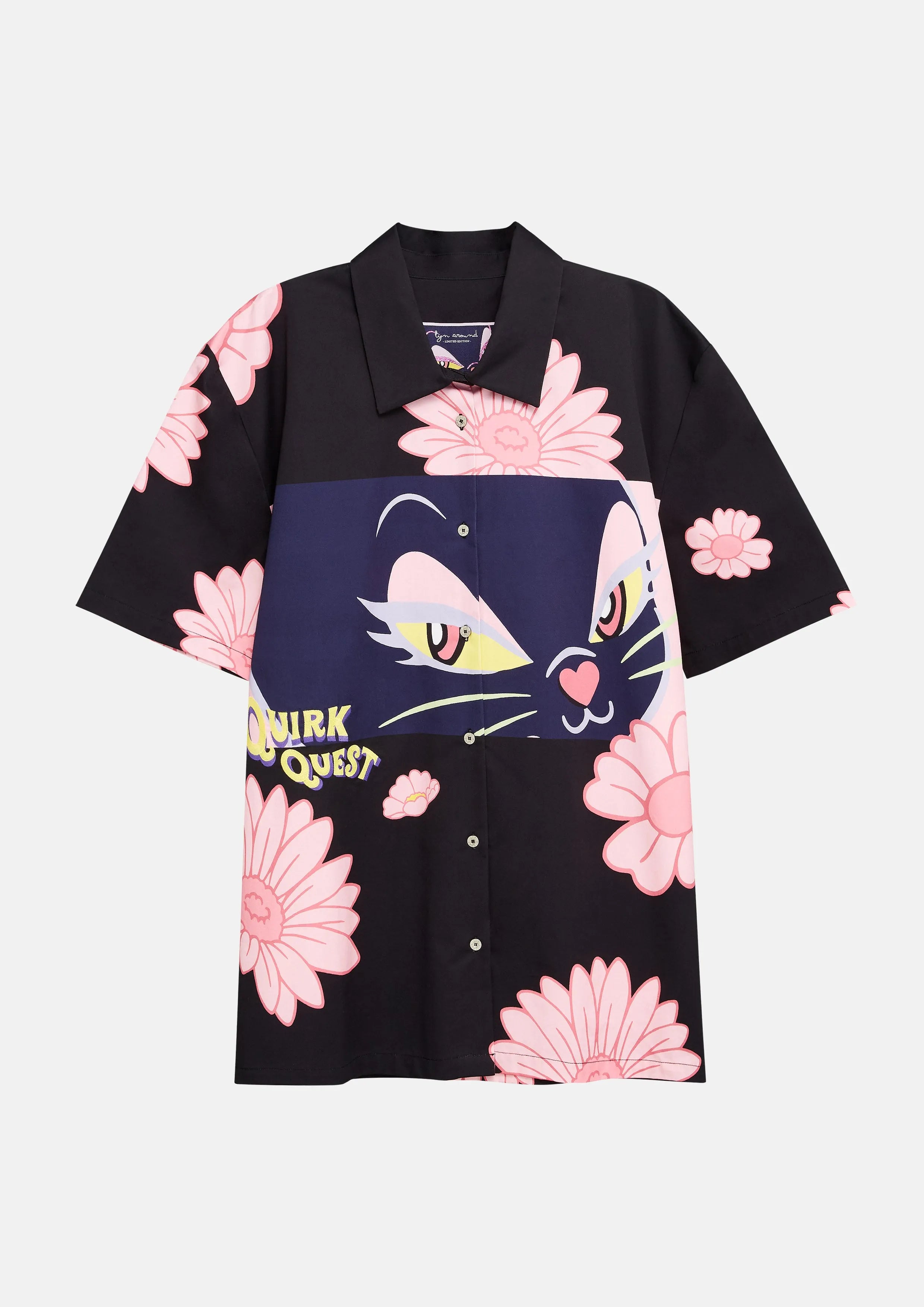 Floral and Feline Printed Short Sleeve Shirt Quirk Quest Collection