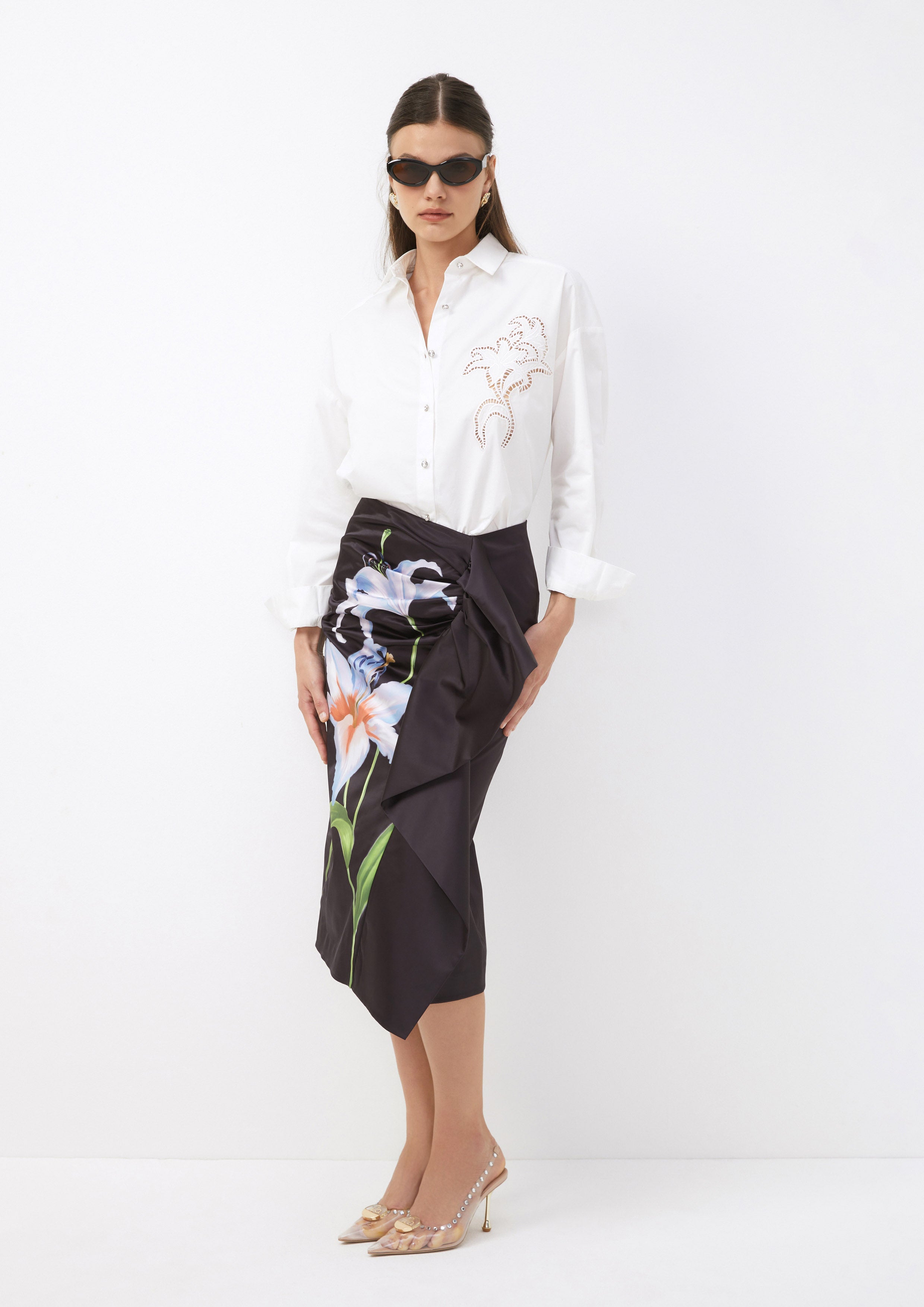 Floral Satin Draped Skirt with Side Ruffle Living Life In Full Bloom