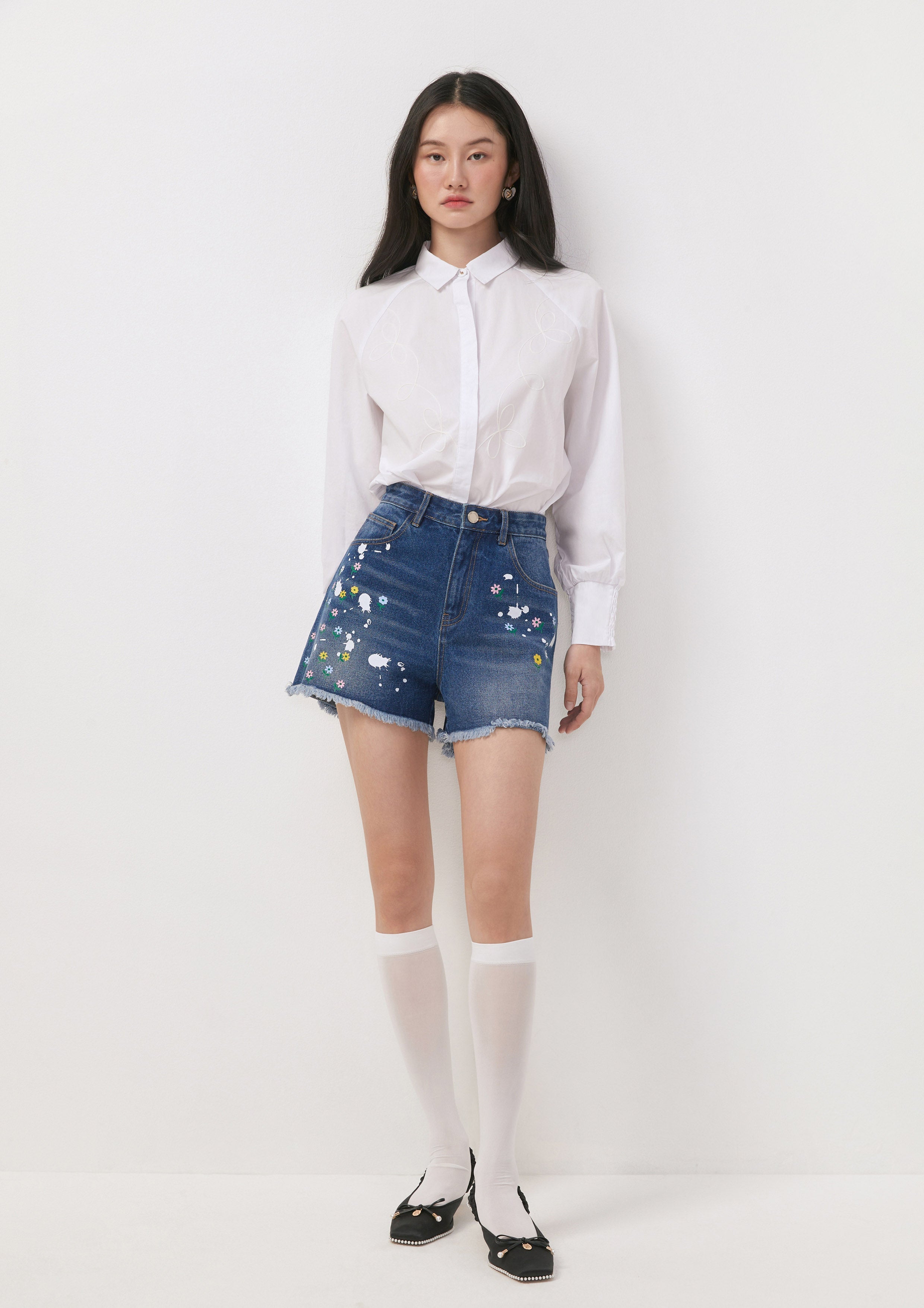 Floral Paint Splatter Denim Shorts Bloom