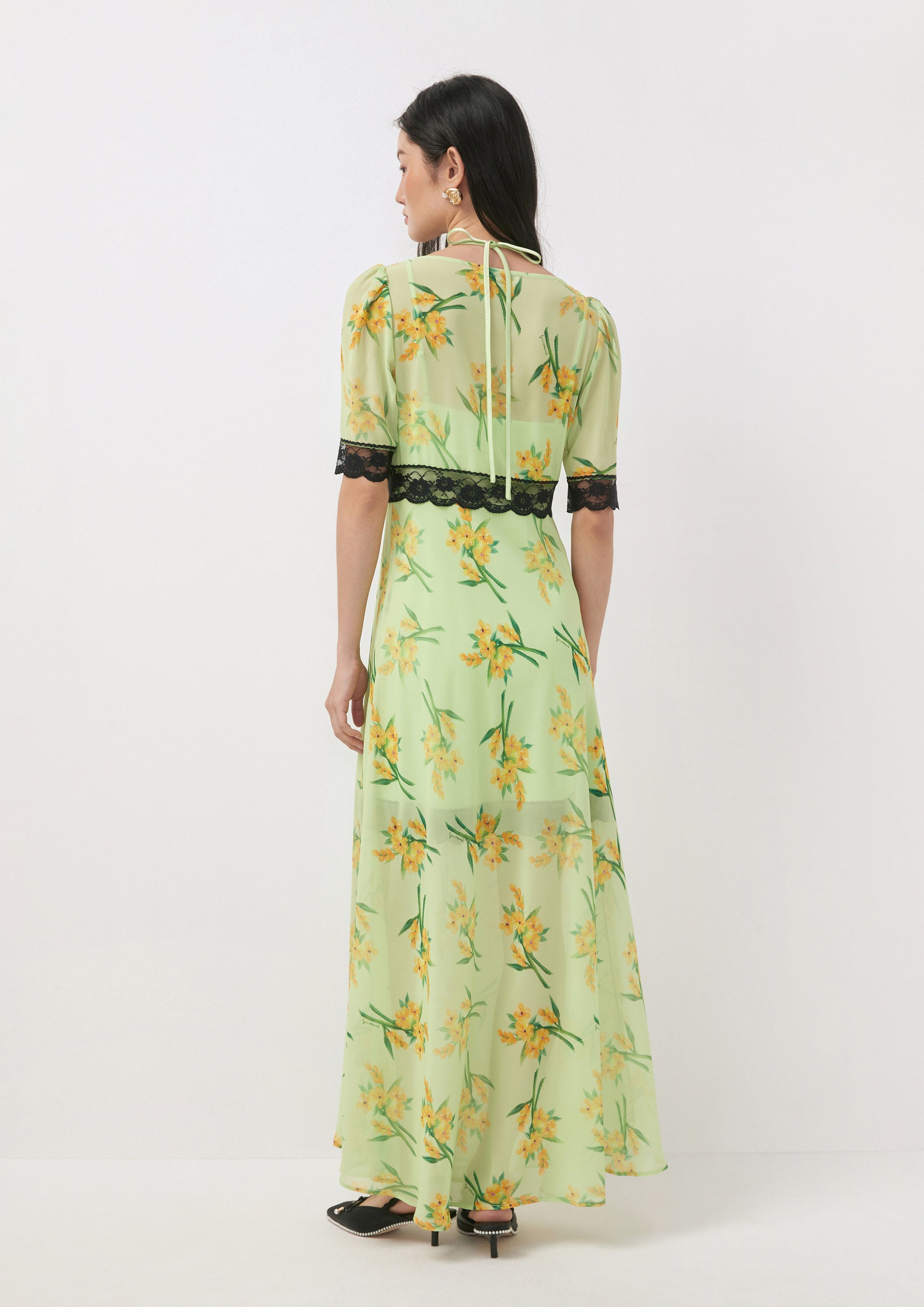 Floral Lace Trim Bow Maxi Dress Bloom