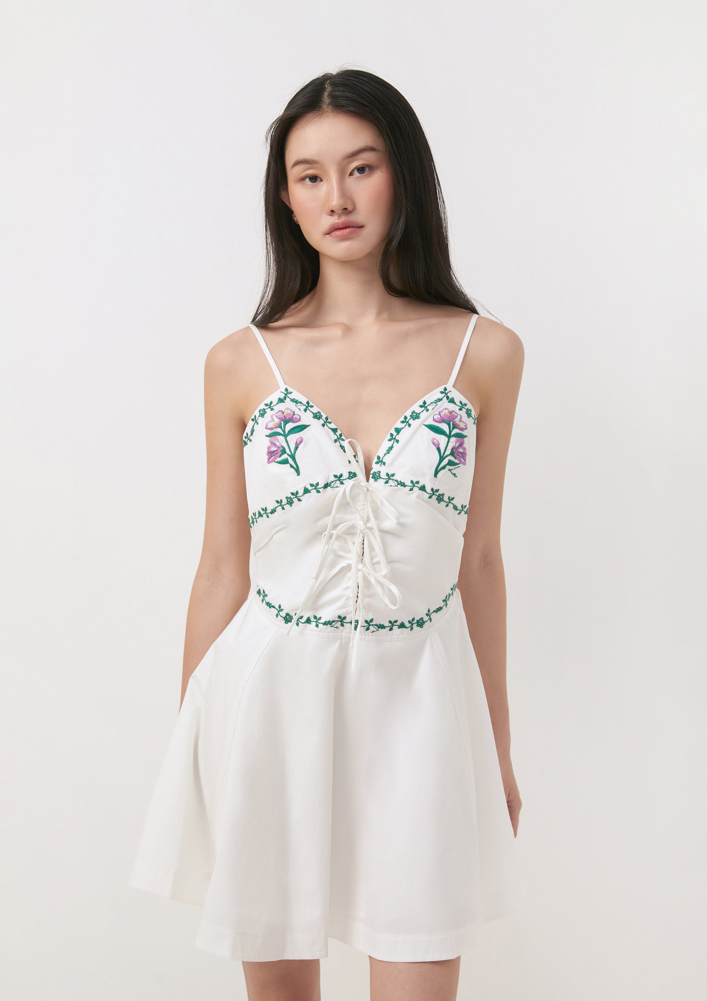 Embroidered Lace-Up Mini Dress Meadow of Serenity