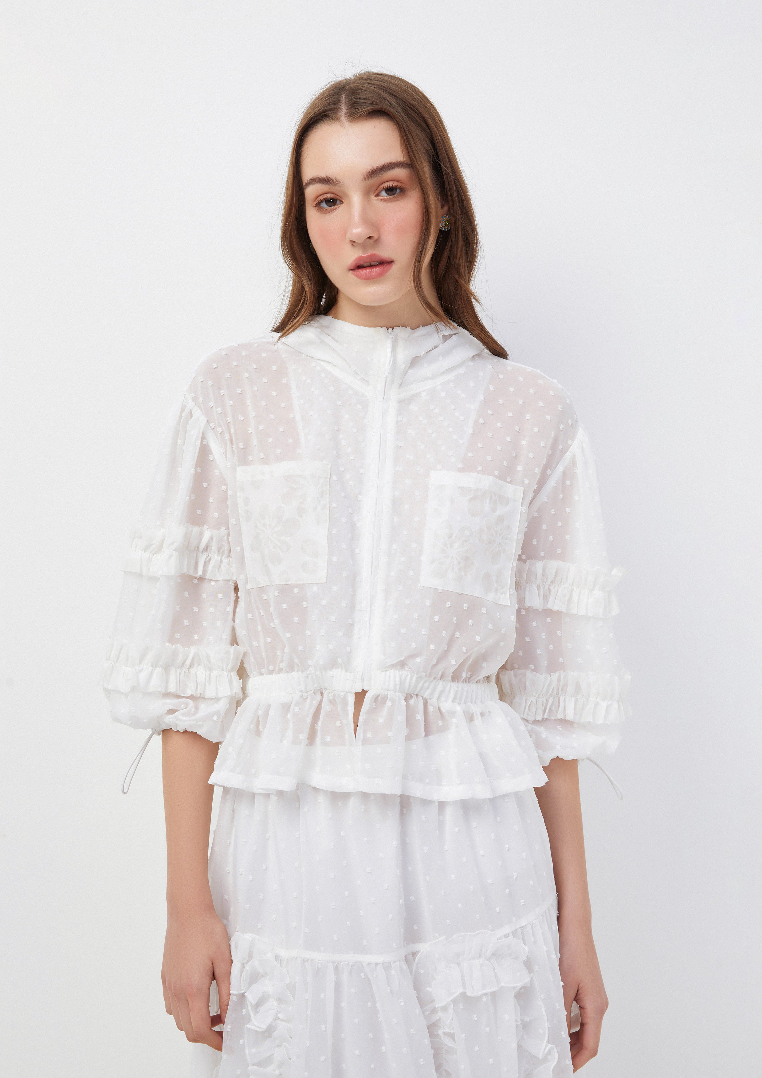 เสื้อแจ็คเก็ตฮู้ด ซีทรู แต่งระบาย Oopsie Daisy