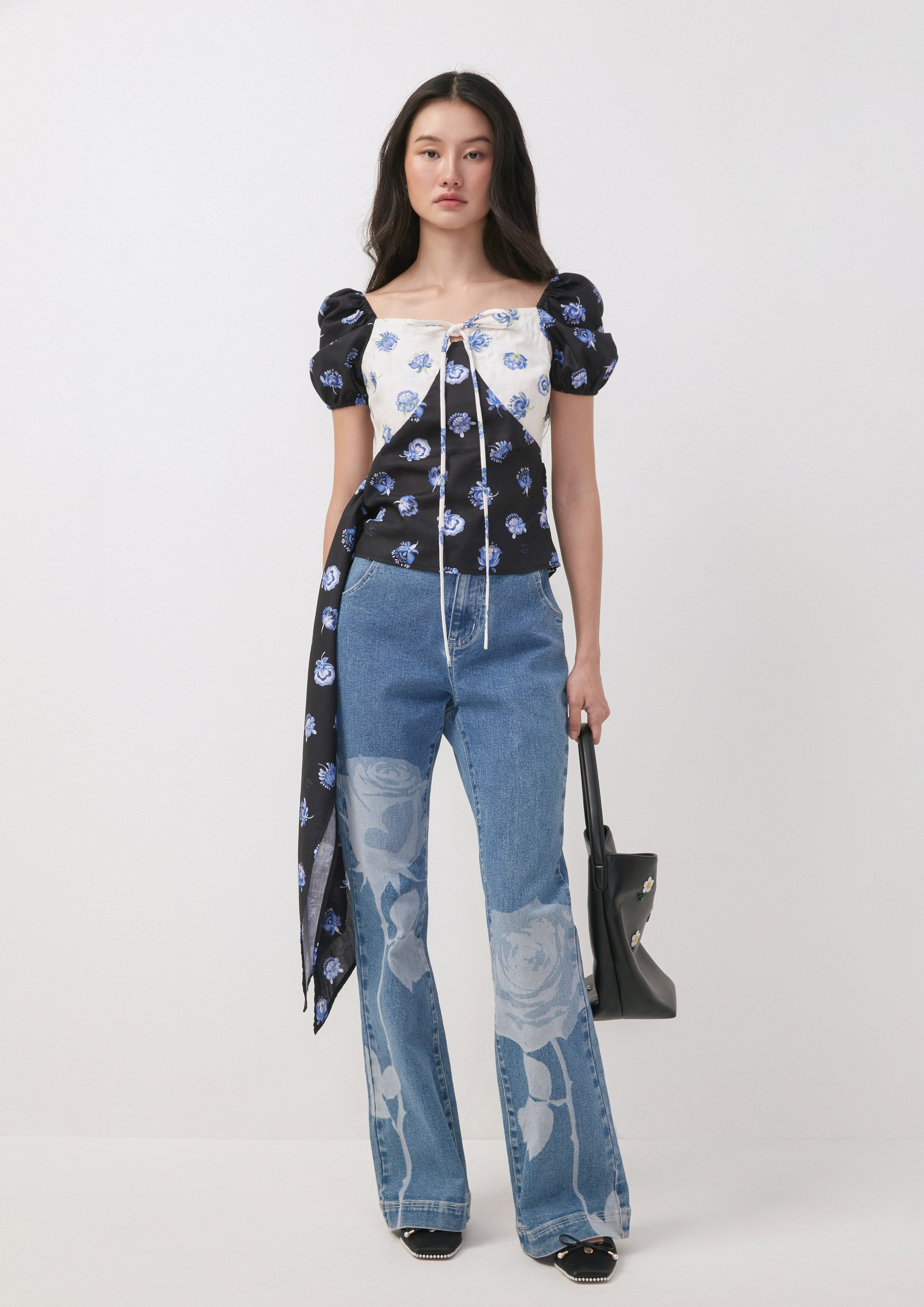 Contrast Floral Puff Sleeve Top with Side Sash May Queen