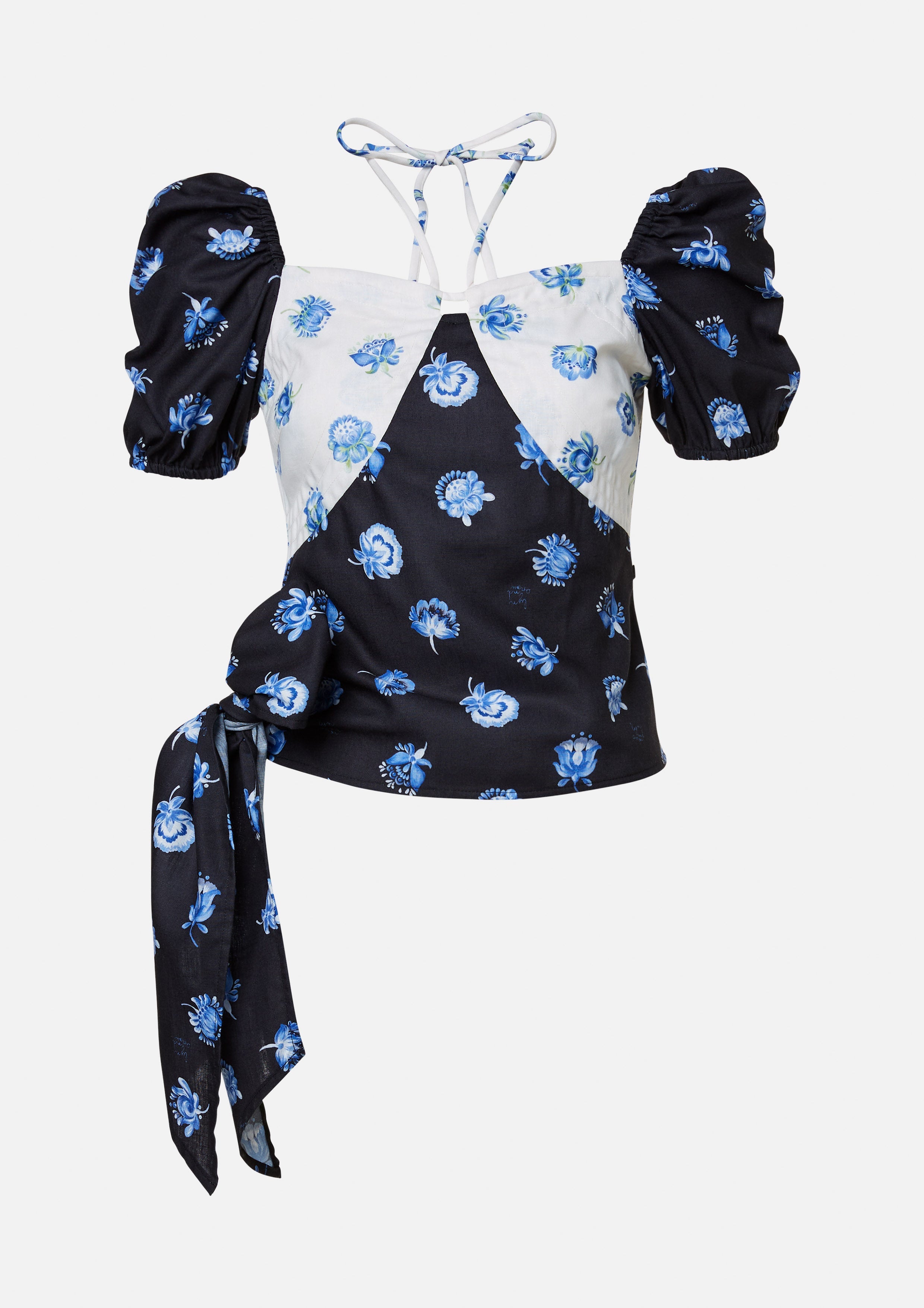 Contrast Floral Puff Sleeve Top with Side Sash May Queen