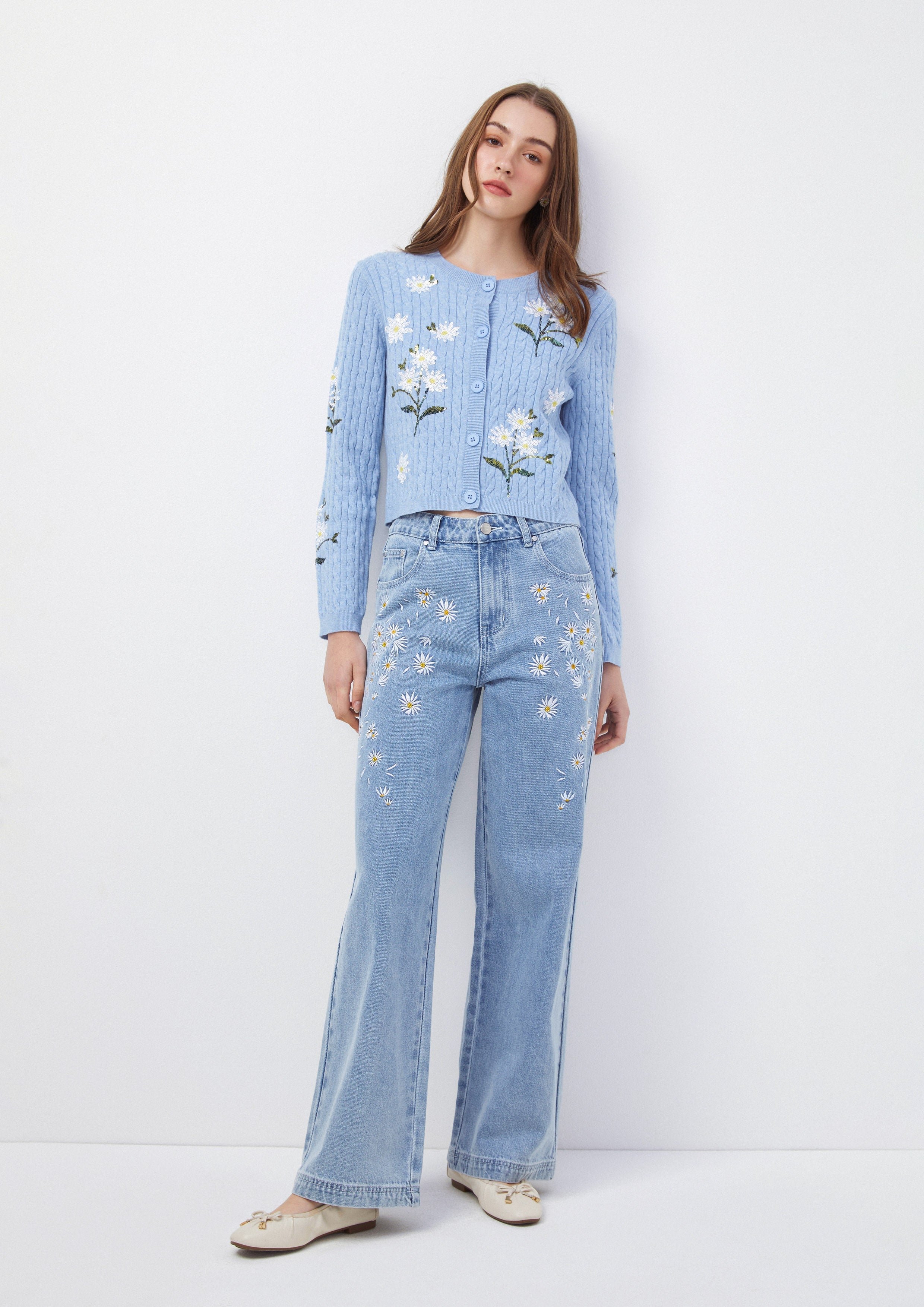 เสื้อคาร์ดิแกน ไหมพรม ปักลายดอกเดซี่ Oopsie Daisy