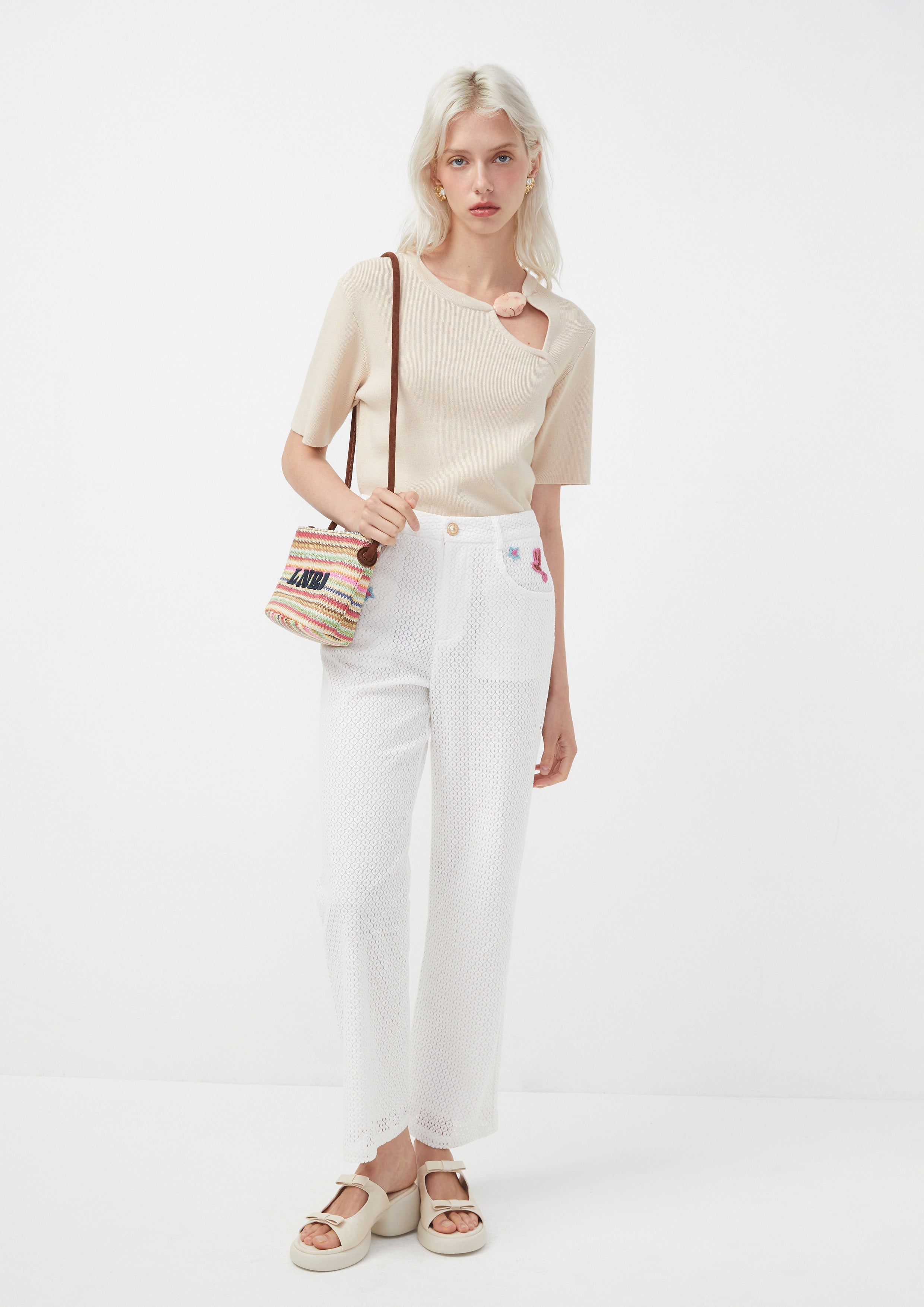Asymmetric Cut-Out Knit Top with Marbled Accent May Queen