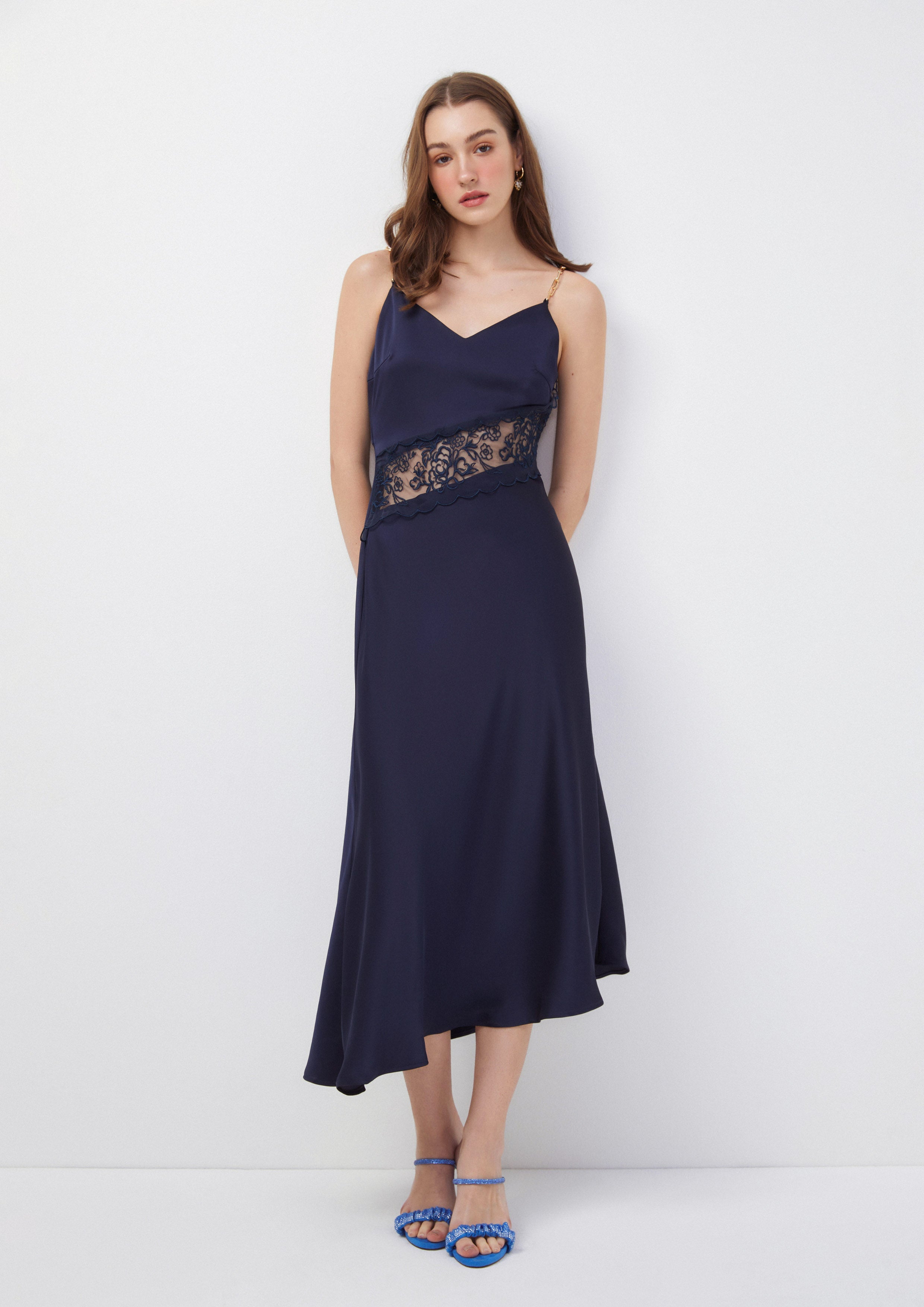 Chain-Strap Lace Panel Slip Dress Normad Spendor