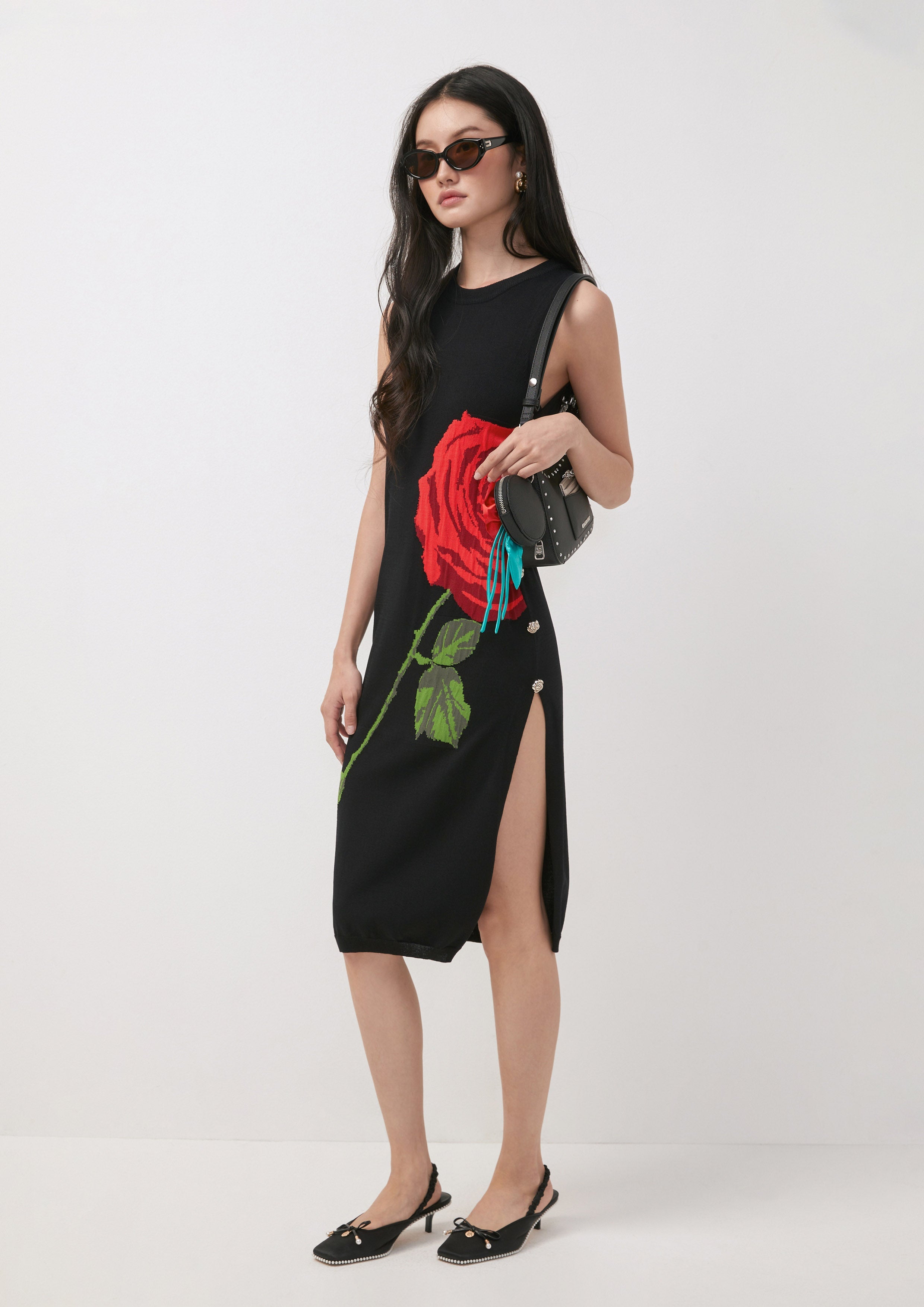Rose Motif Side-Slit Knit Dress Dreaming Damsels