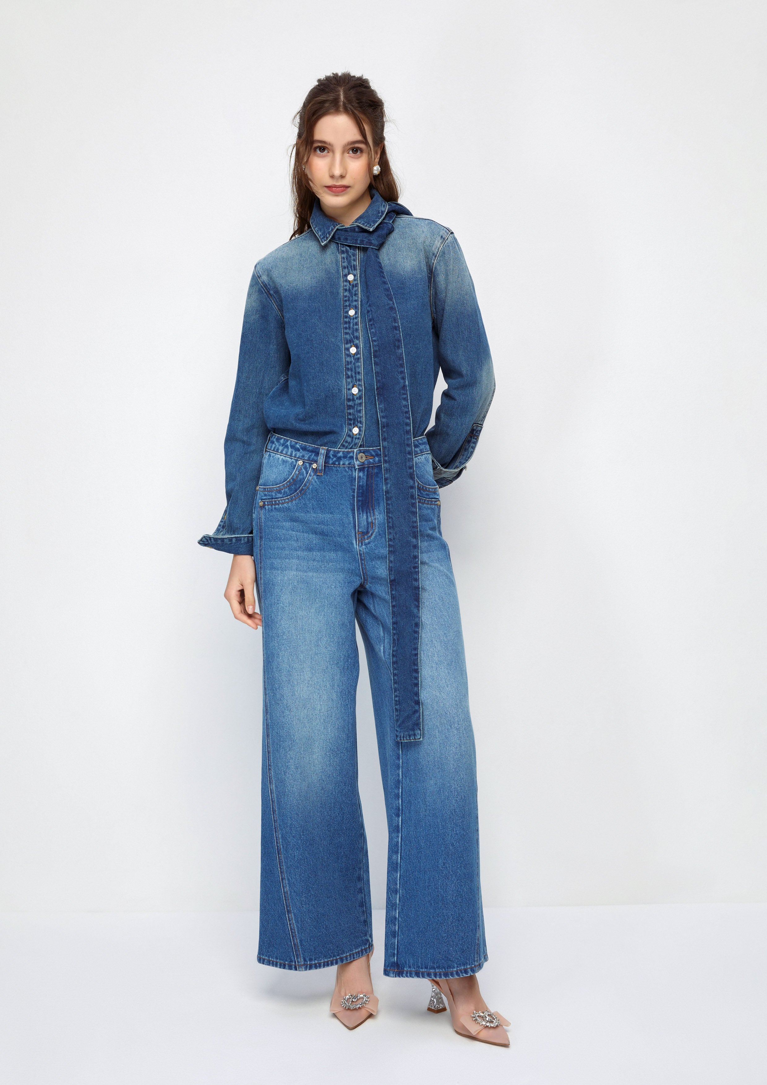 Faded Wide Leg Denim Pants Cat Gambit