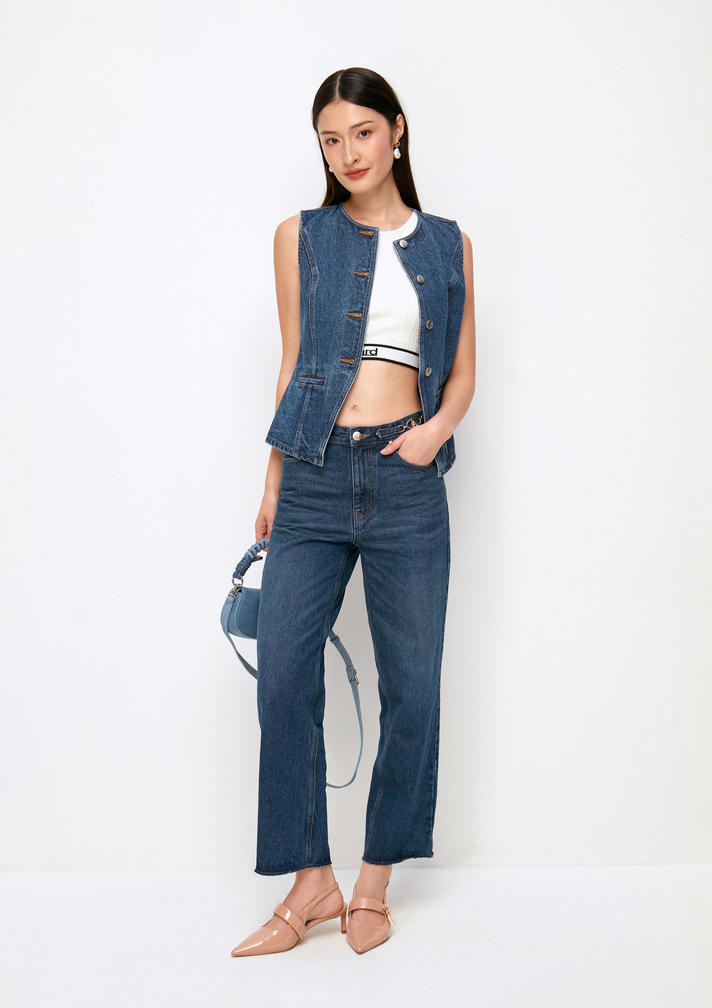 กางเกงเดนิมขายาวแต่งฮาร์ดแวร์โลหะ คอลเลกชัน Casual Chic