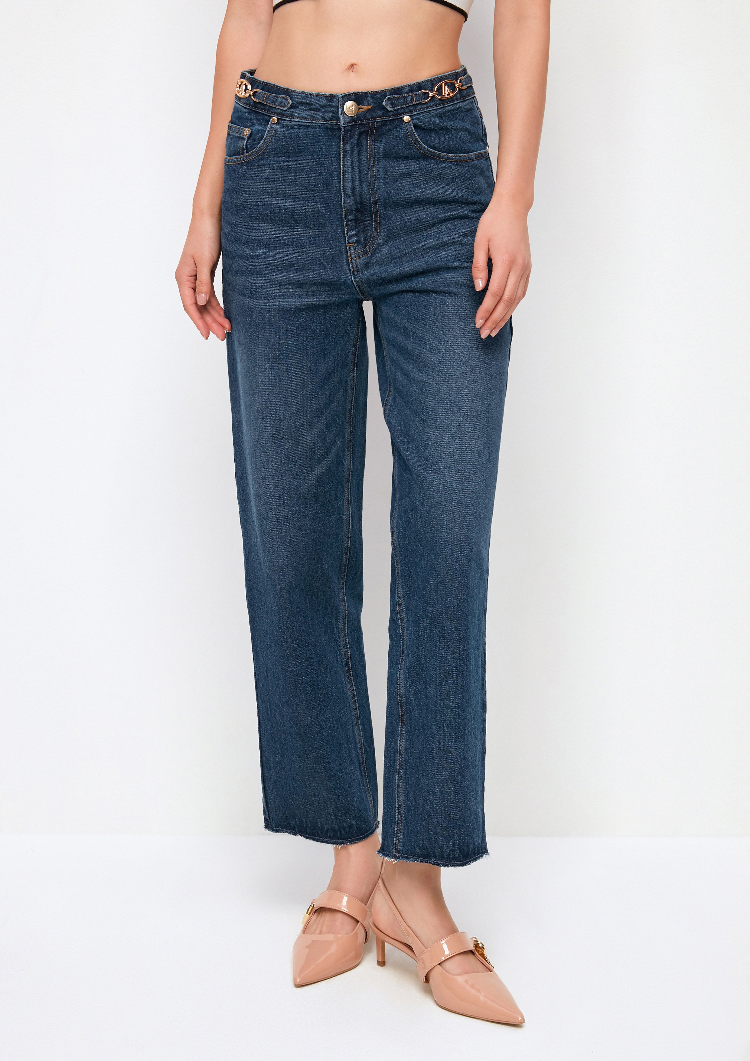 กางเกงเดนิมขายาวแต่งฮาร์ดแวร์โลหะ คอลเลกชัน Casual Chic