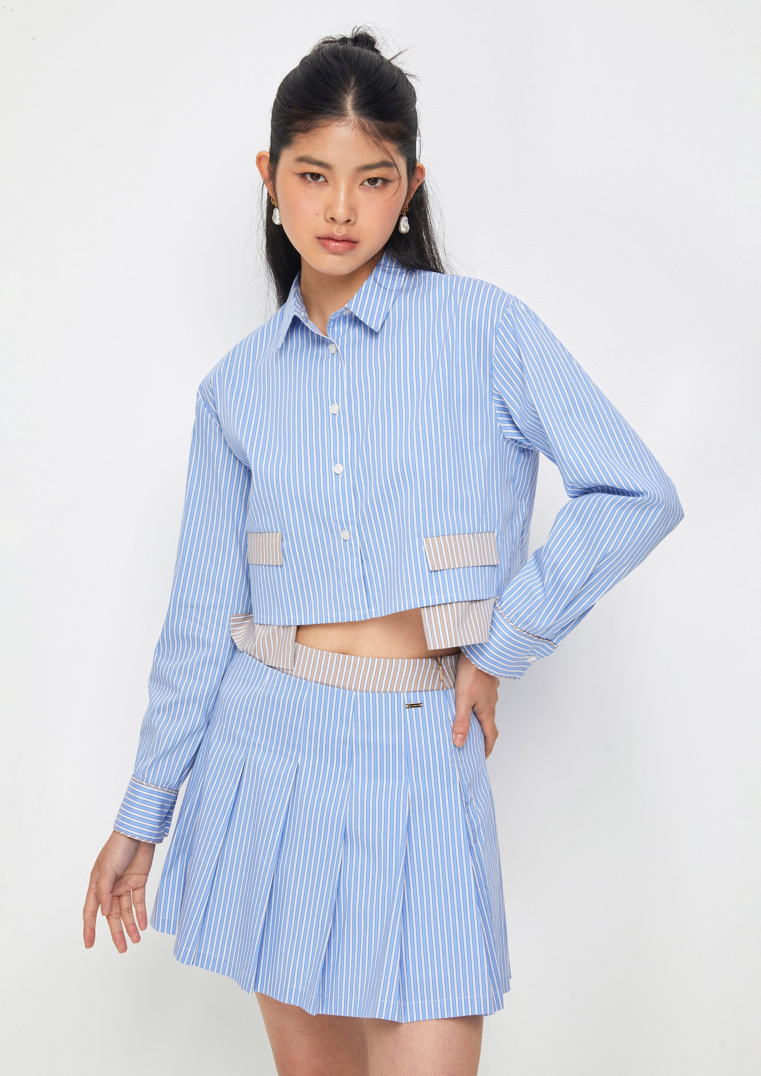 Stripe Long Sleeve Crop Shirt Take Sip