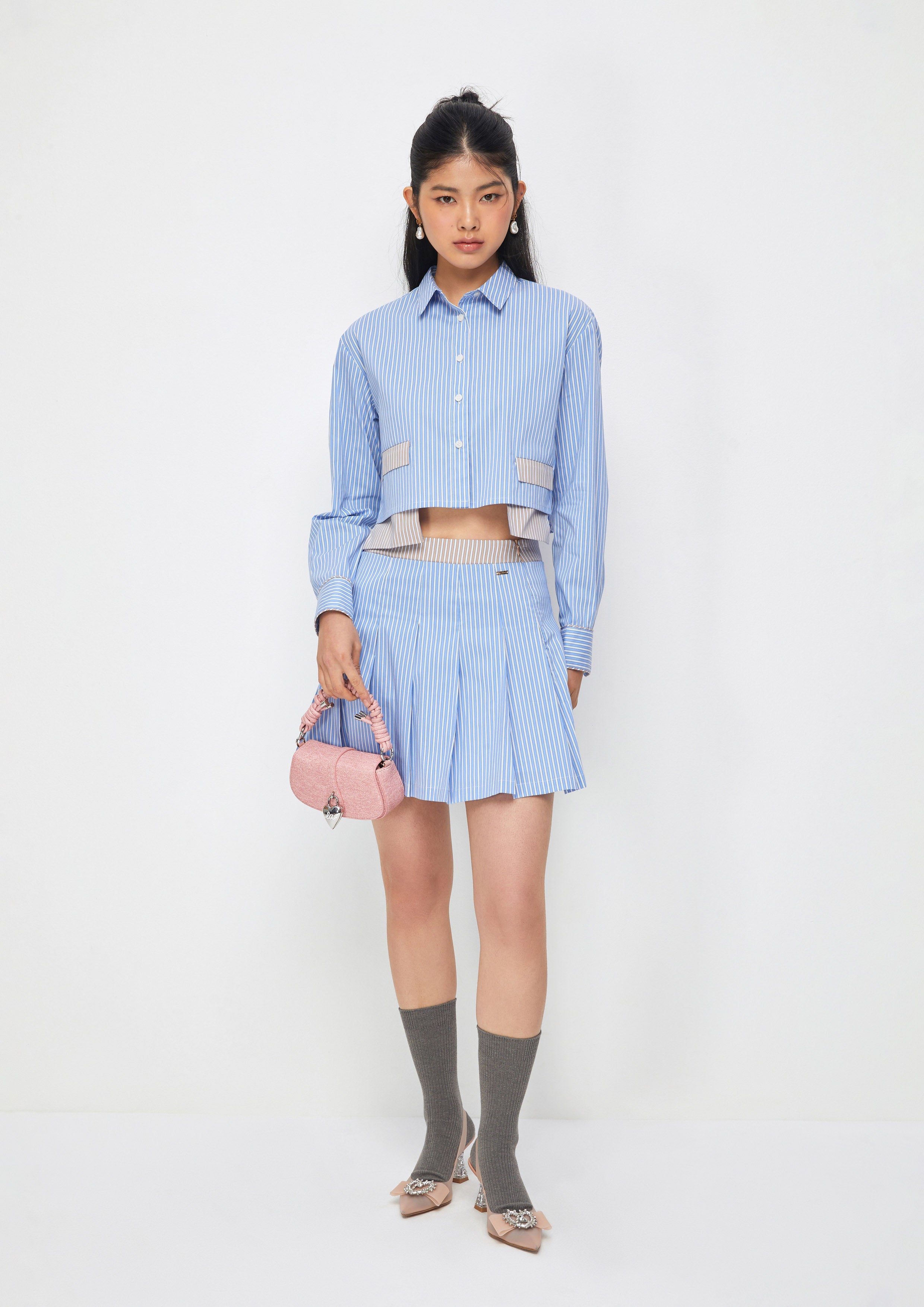 Stripe Long Sleeve Crop Shirt Take Sip