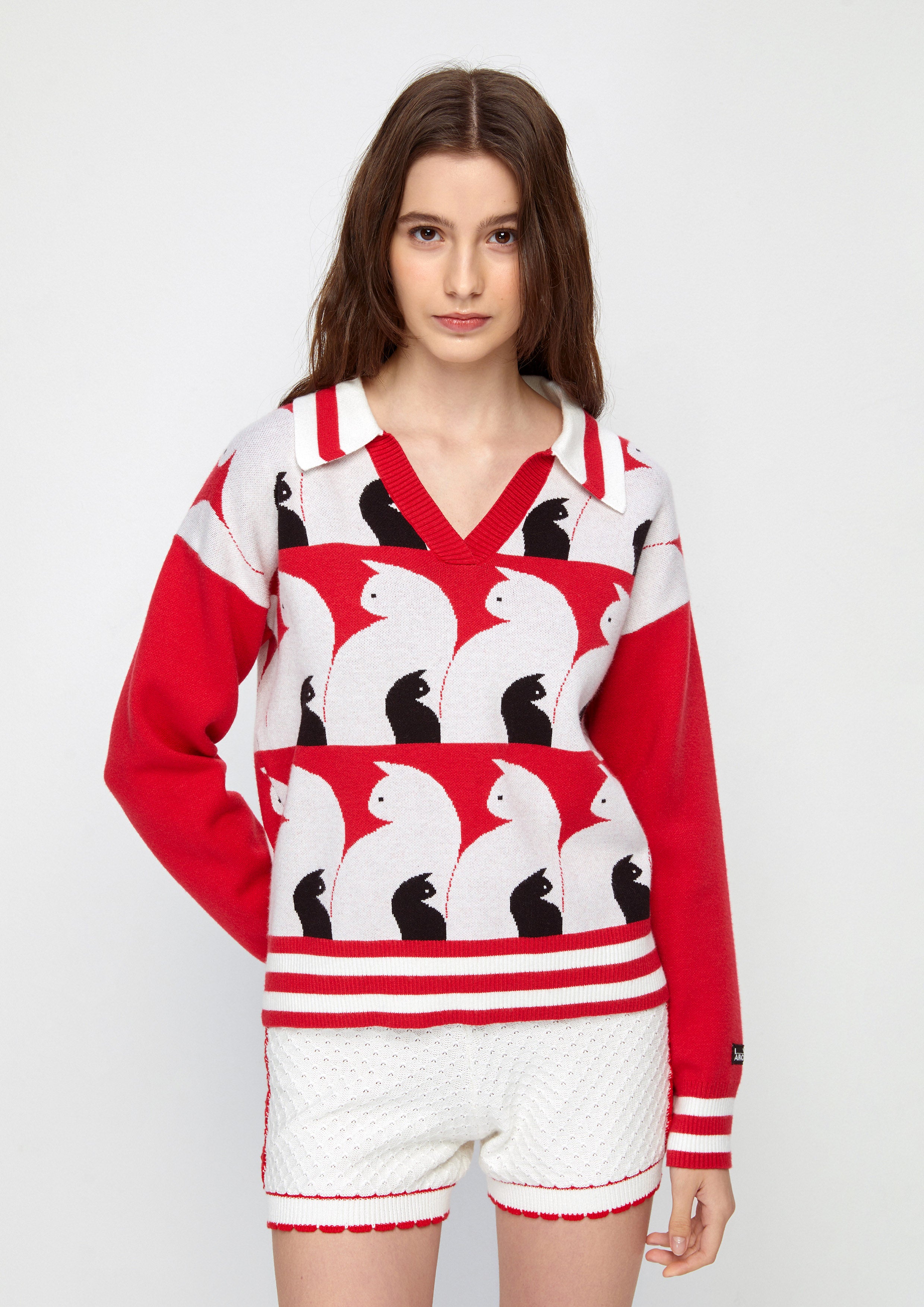 Embroidery Knitted Pullover Cat Gambit