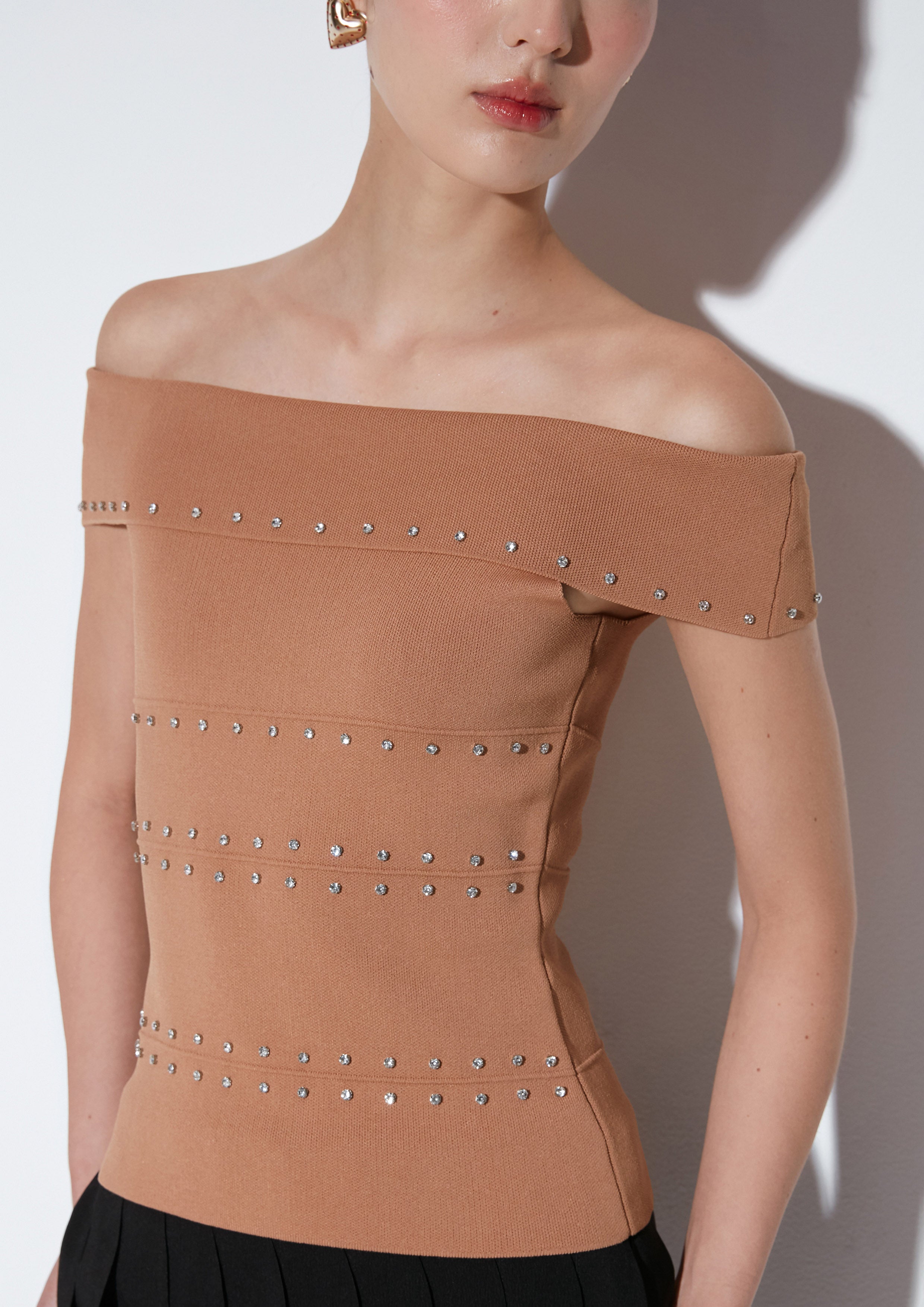 Crystal Embellished Off-Shoulder Top Texture Club