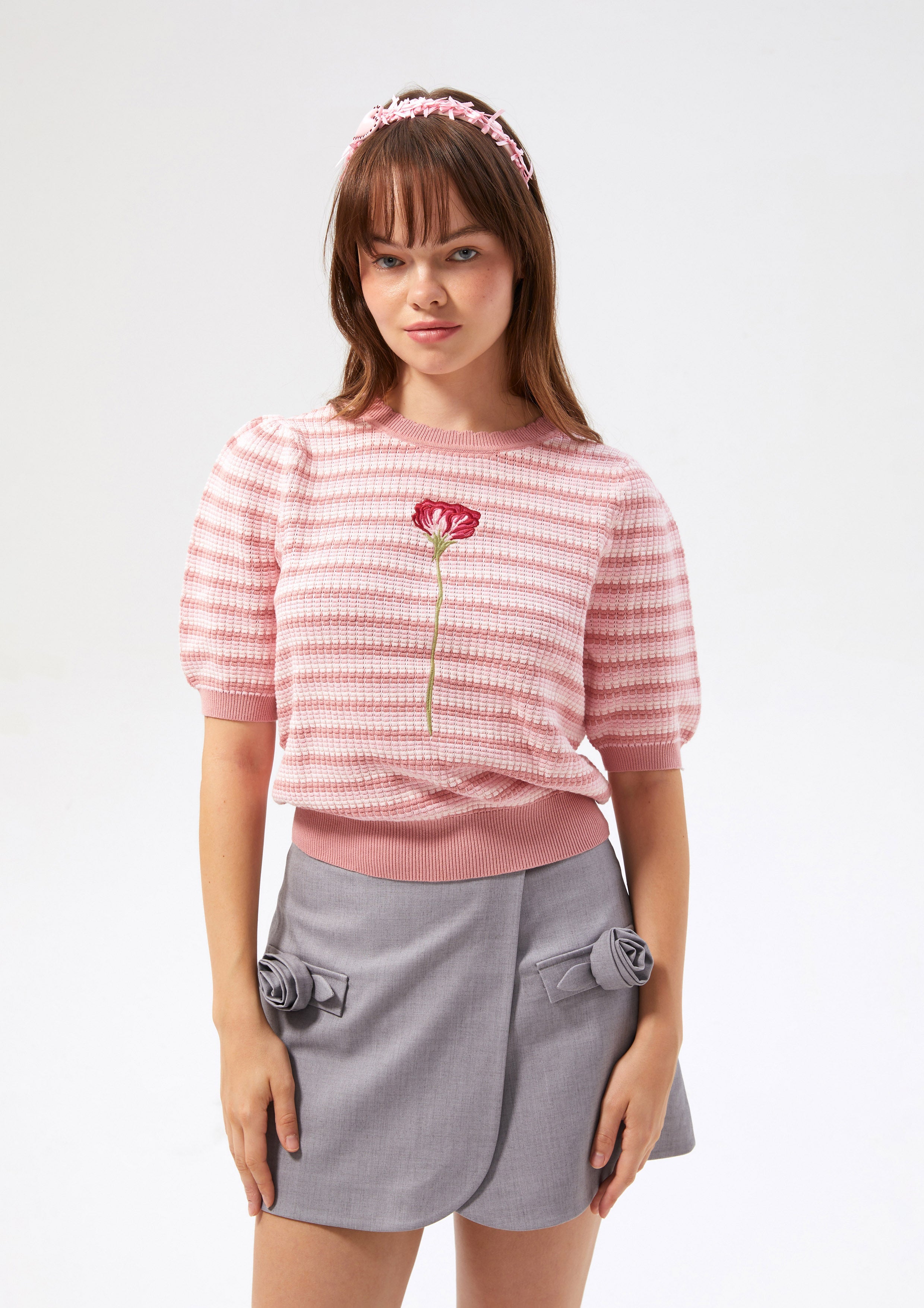  Floral Embellished Strip Knitted Top Neon Dreams