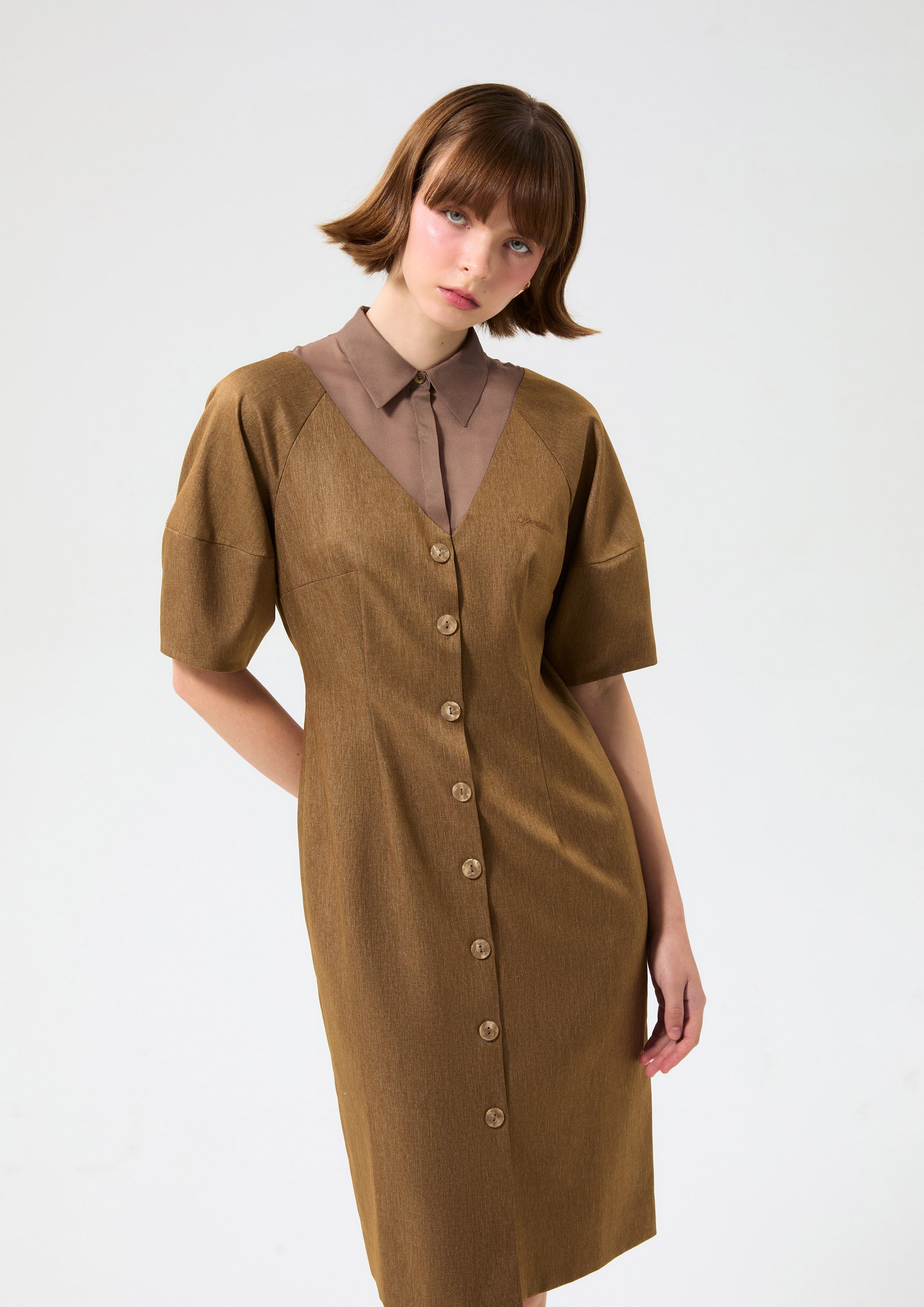 เดรสมิดิติดกระดุมพร้อมพาแนลผ้าเชียร์ คอลเลกชัน Rosewood Fleur