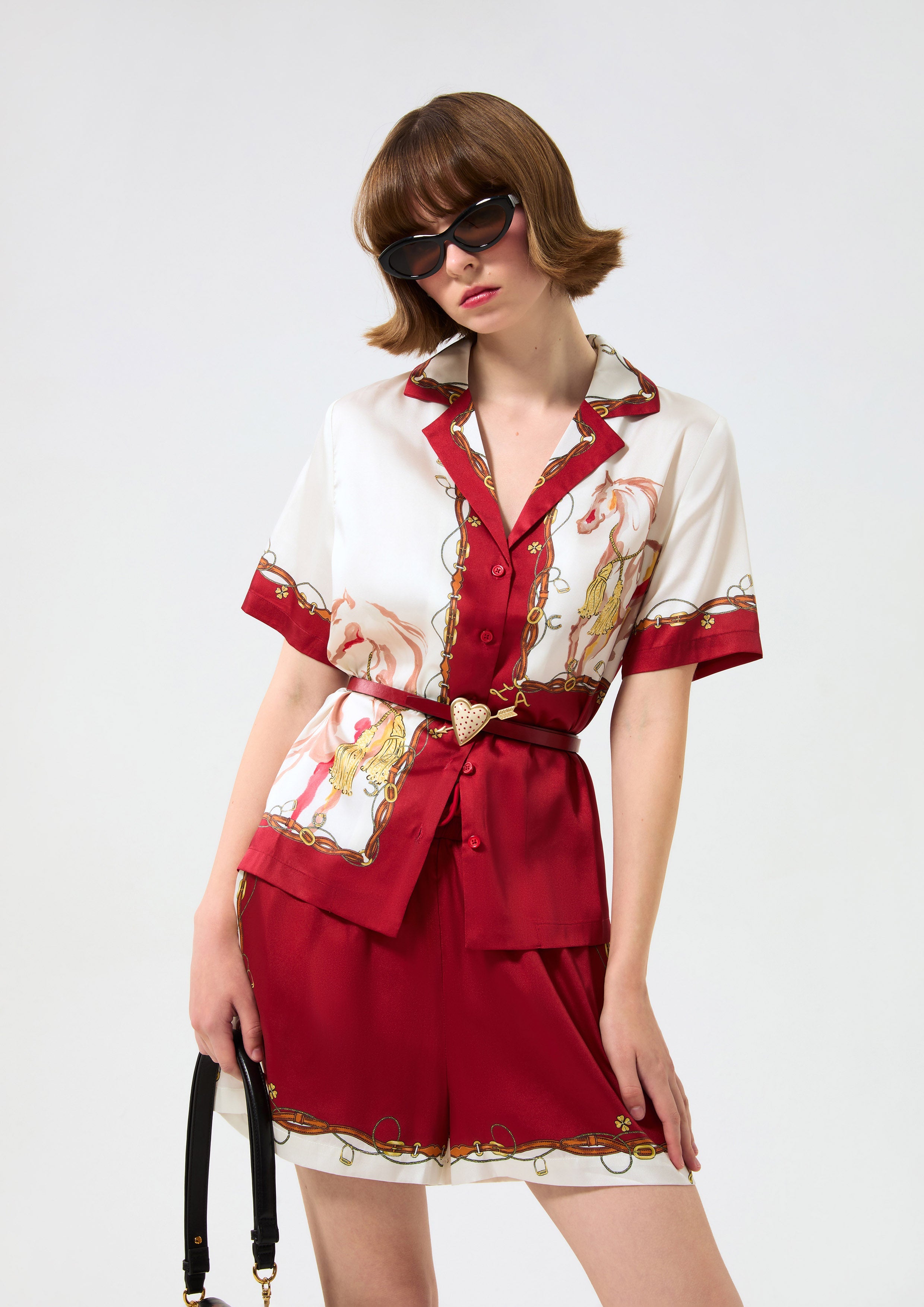 Print Short Sleeve Satin Shirt Rouge Luck