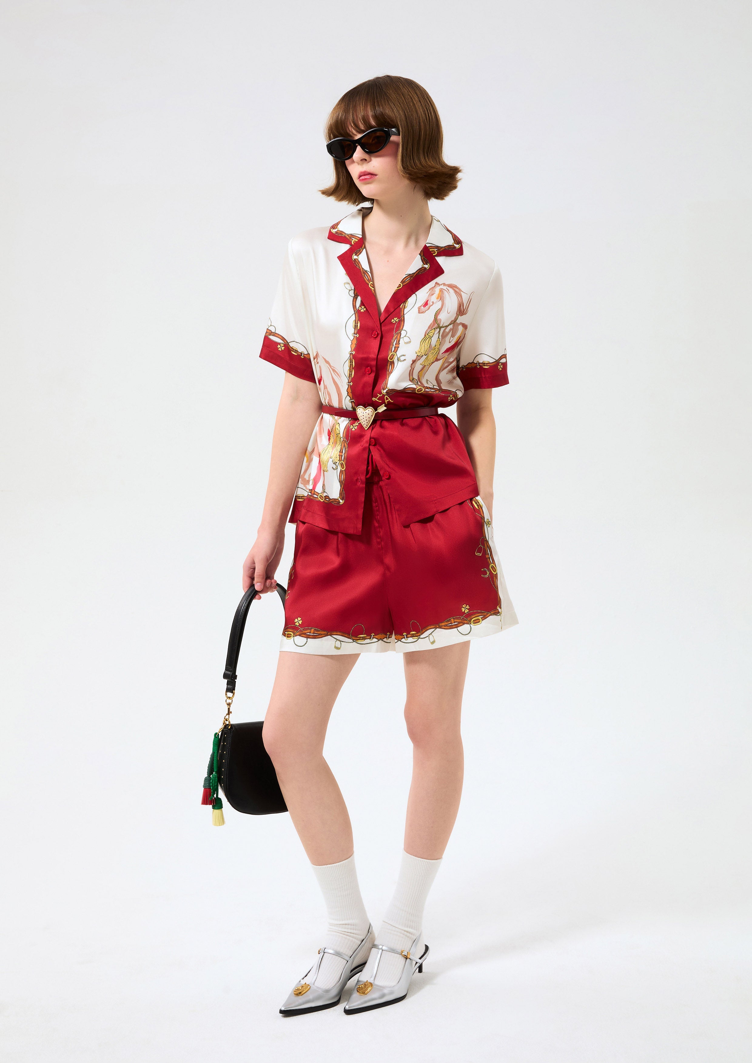 Print Short Sleeve Satin Shirt Rouge Luck